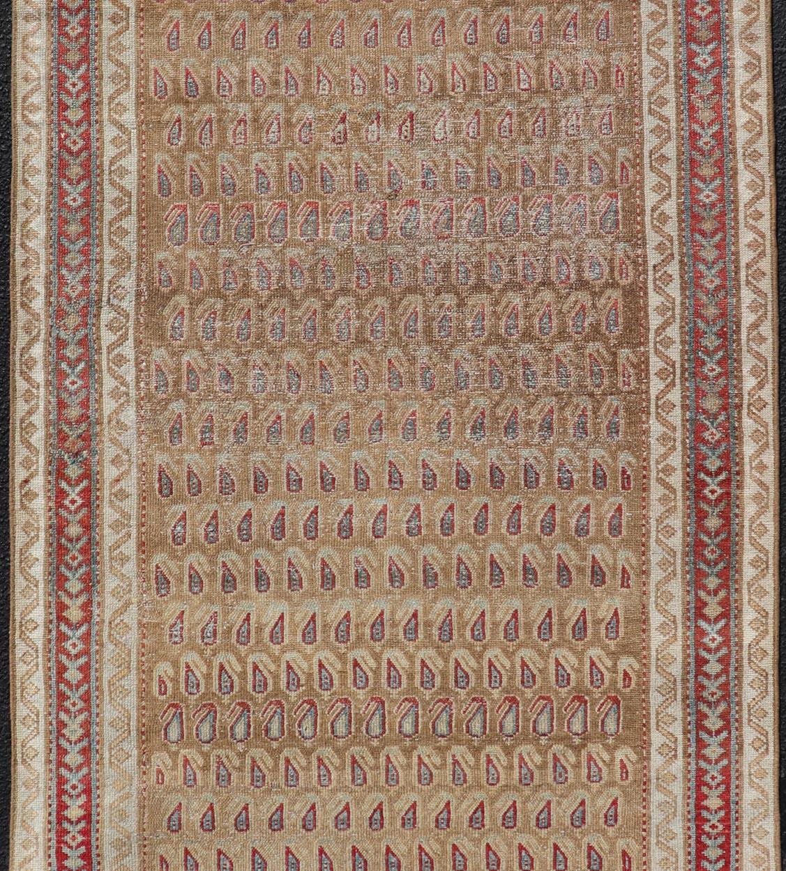 Persian Antique Malayer Runner with All-Over Paisley Design in Red, Brown, and Blue For Sale
