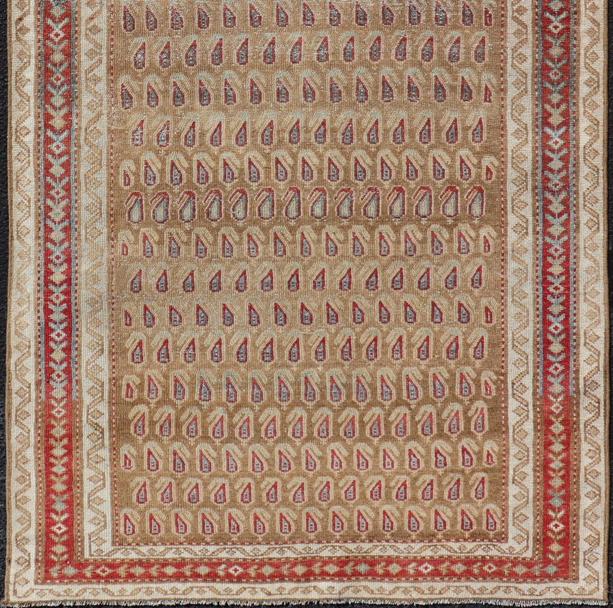 Hand-Knotted Antique Malayer Runner with All-Over Paisley Design in Red, Brown, and Blue For Sale