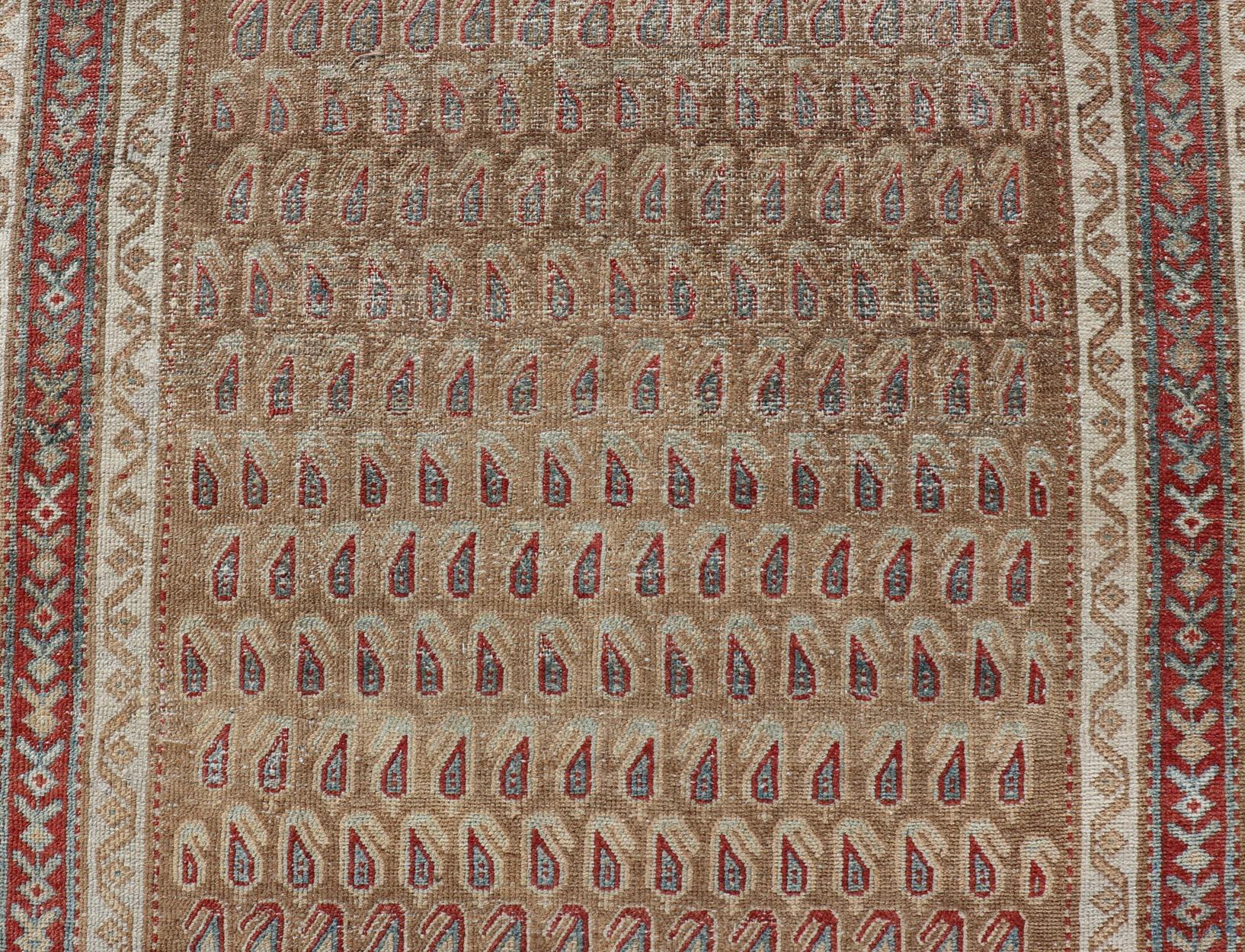 Wool Antique Malayer Runner with All-Over Paisley Design in Red, Brown, and Blue For Sale