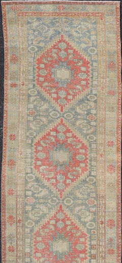 Antique Malayer Runner With Bold Geometric Medallions in Soft Pastels 3'1"x14'1"