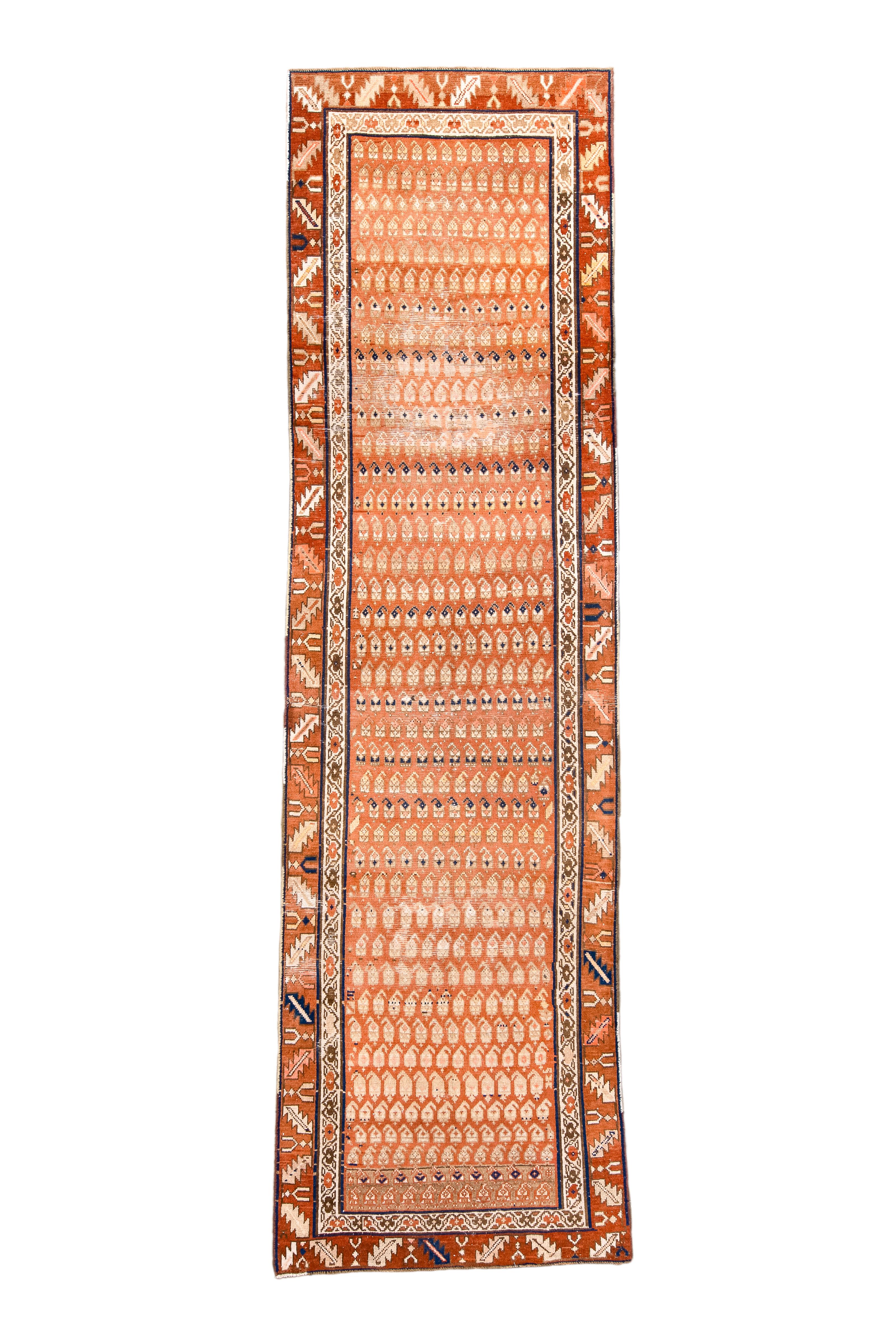 The rust field features a host of little offset reversing boteh rows, a few of which are accented in royal blue. There is a main red border of chalices and slanted leaves, inner ecru stripe with reversing flowers. The outer border has been