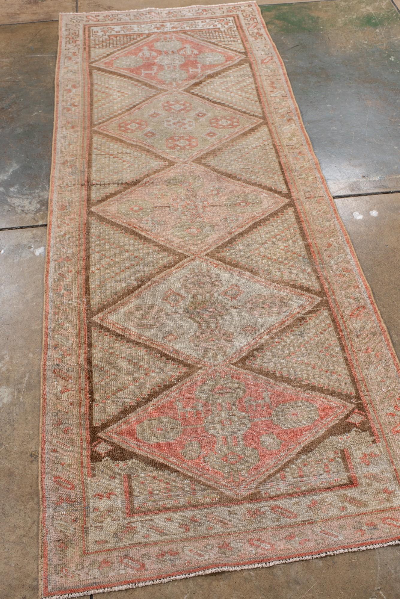 Persian Antique Malayer Runner with Diamond Medallions in Faded Red and Sage For Sale