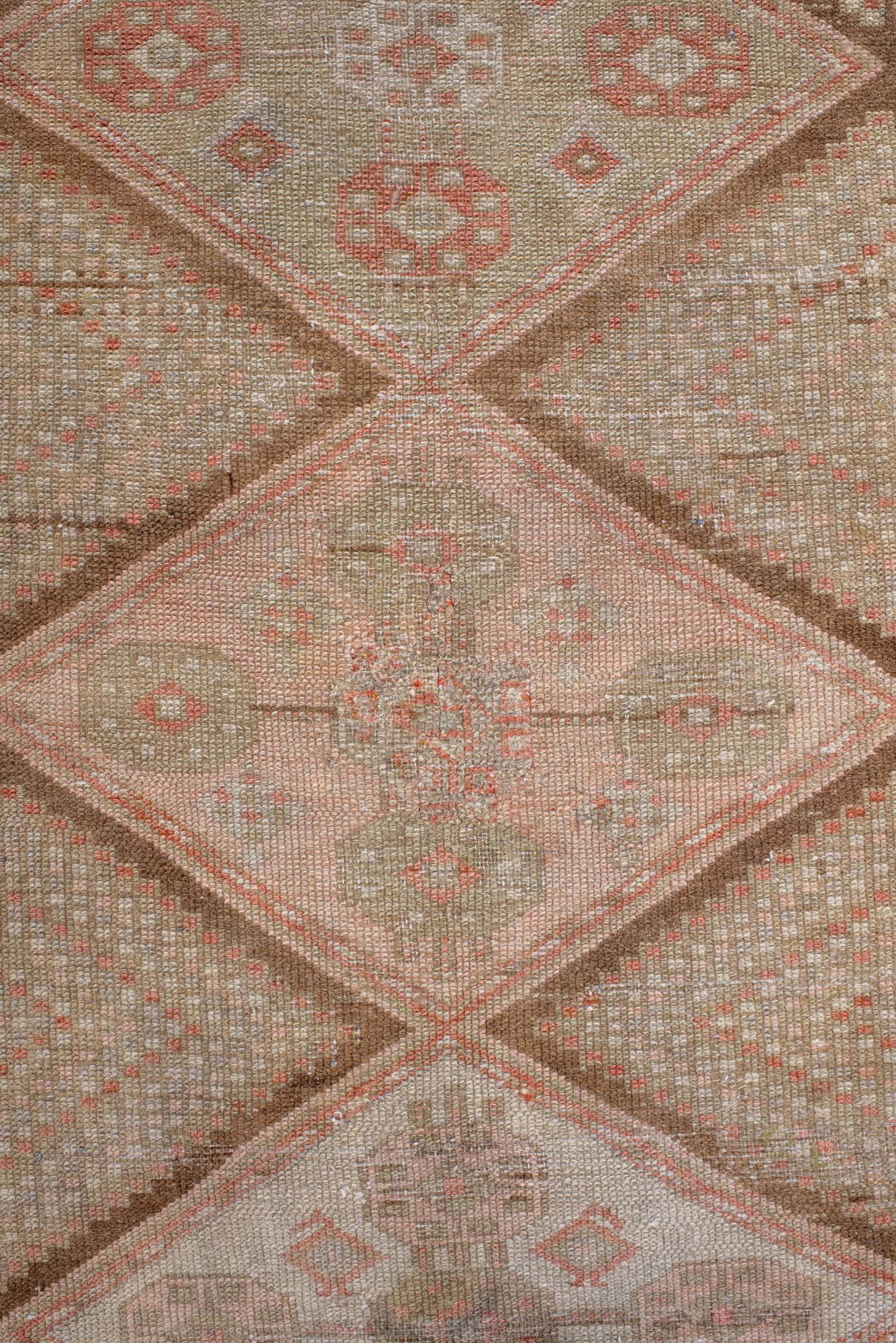Hand-Knotted Antique Malayer Runner with Diamond Medallions in Faded Red and Sage For Sale