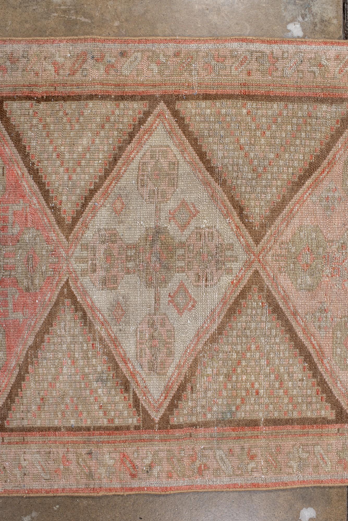 20th Century Antique Malayer Runner with Diamond Medallions in Faded Red and Sage For Sale