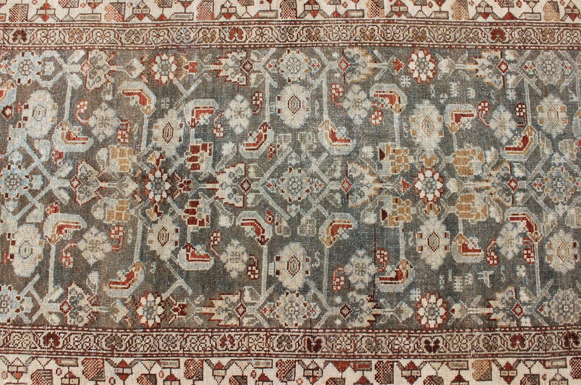 Hand-Knotted Antique Malayer Runner with Geometric Designs in Gray Blue and Burnt Orange For Sale