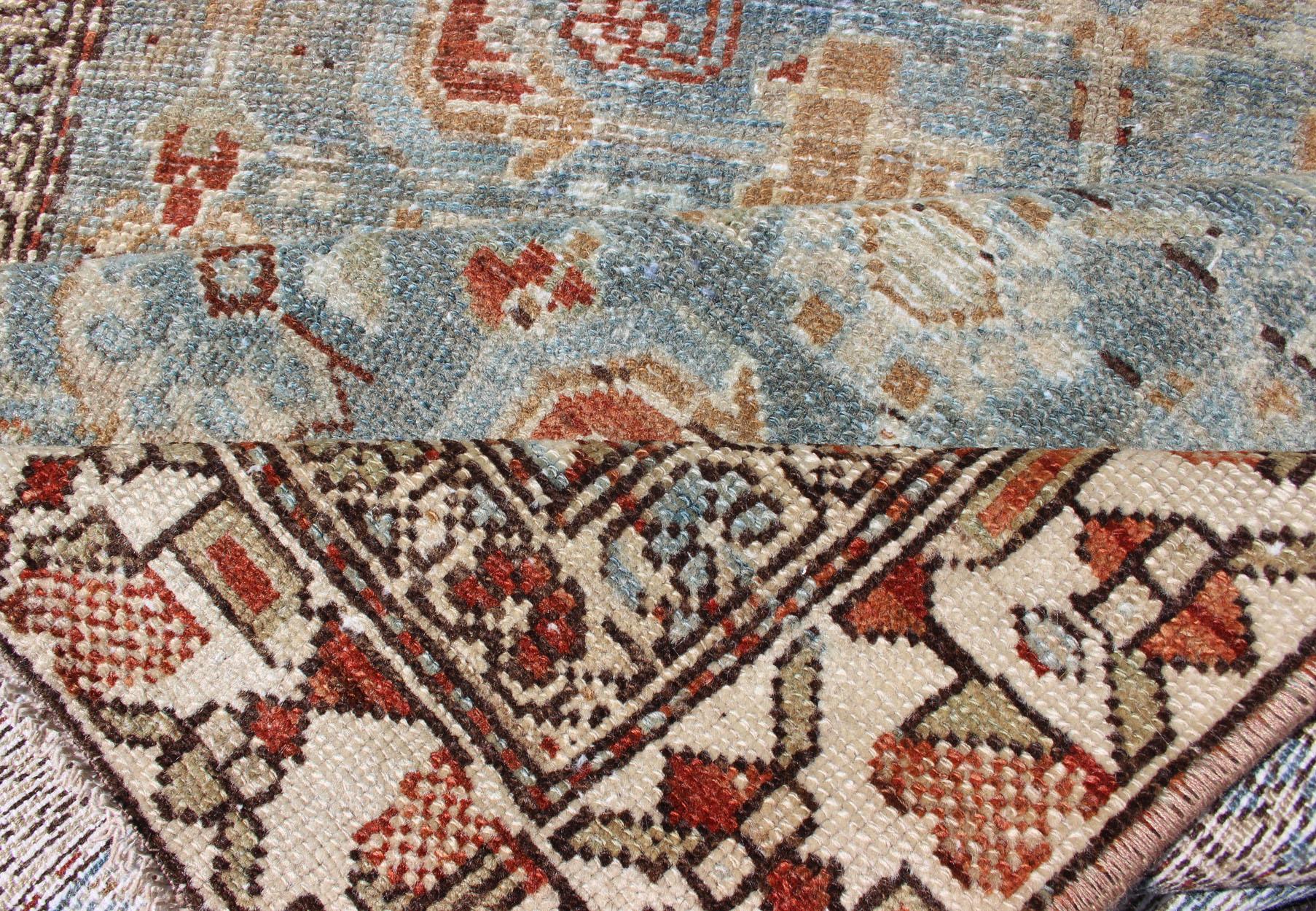 Wool Antique Malayer Runner with Geometric Designs in Gray Blue and Burnt Orange For Sale
