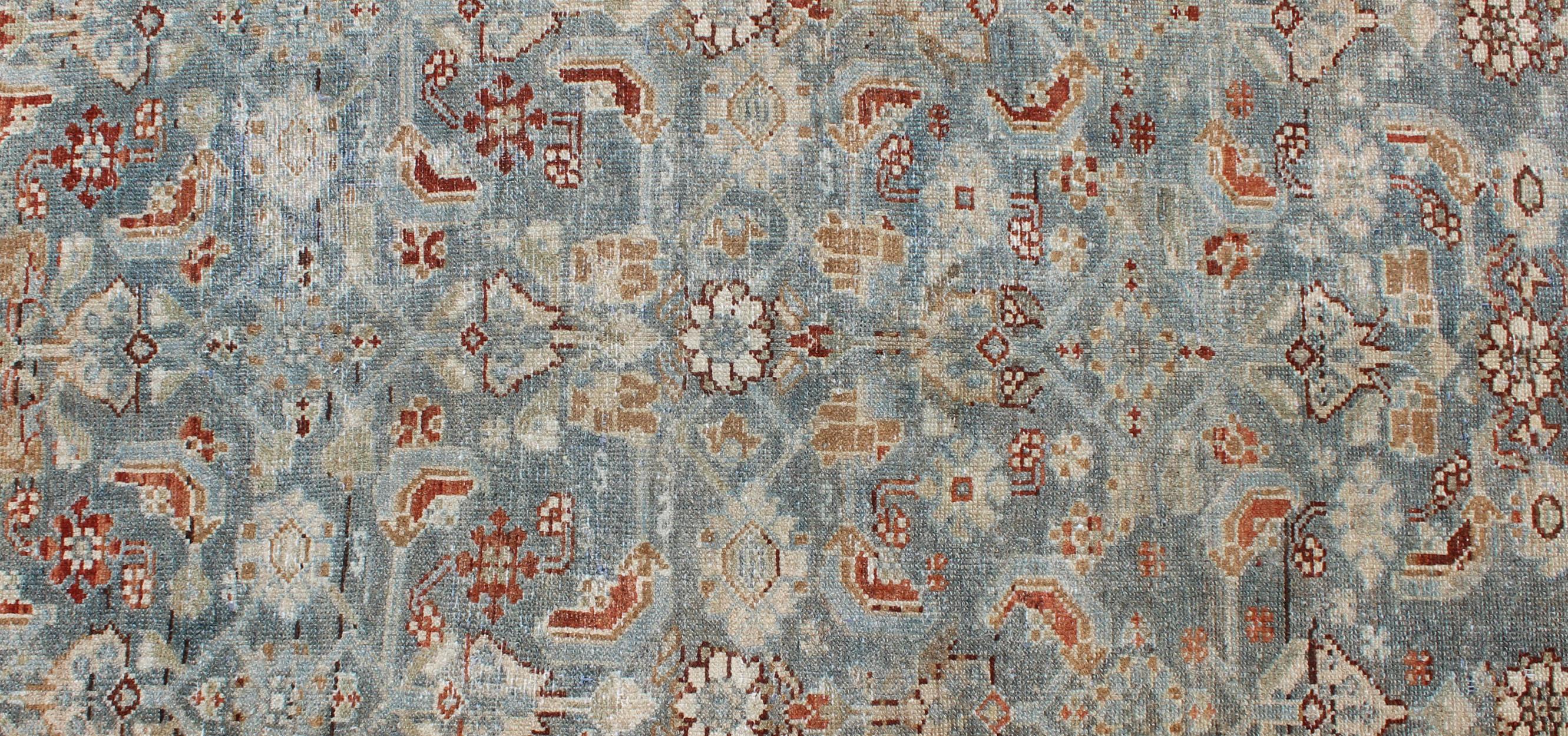 Antique Malayer Runner with Geometric Designs in Gray Blue and Burnt Orange For Sale 1