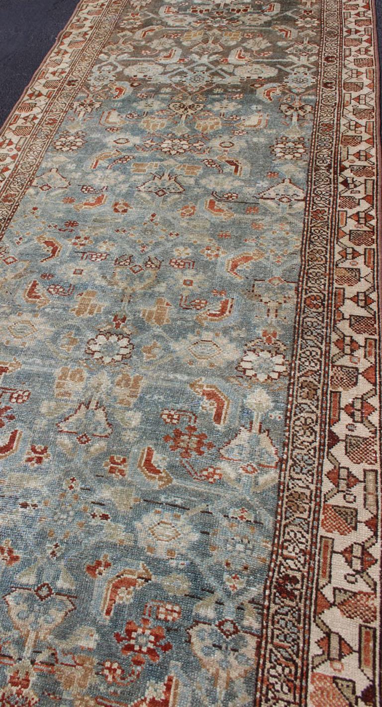 Chemin de table ancien Malayer avec motifs géométriques en bleu gris et orange brûlé en vente 1