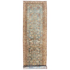 Antique Malayer Runner with Geometric Designs in Gray Blue and Burnt Orange