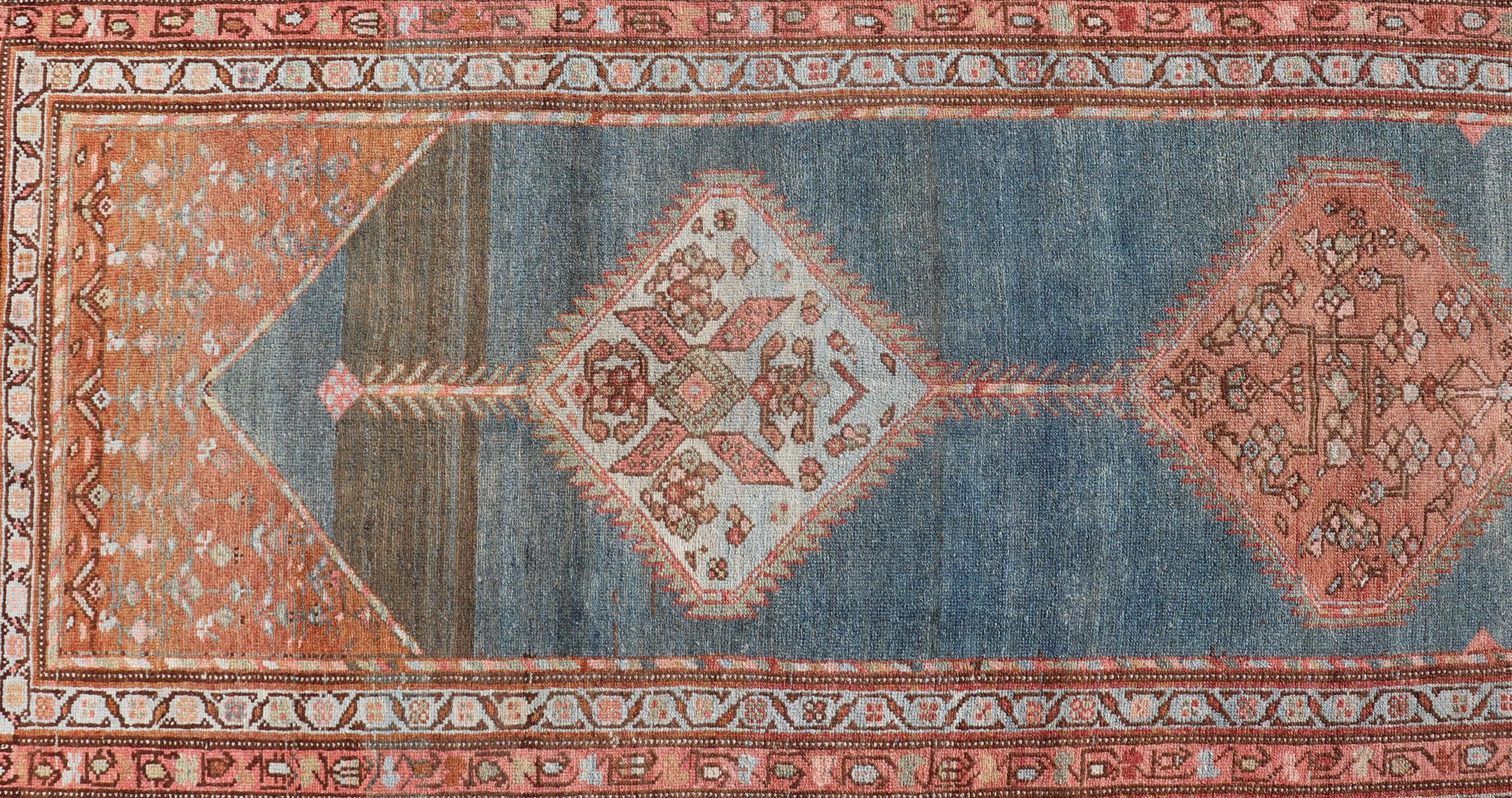 Antique Malayer Runner with Geometric Designs in Gray, Blue, Charcoal & Orange For Sale 3