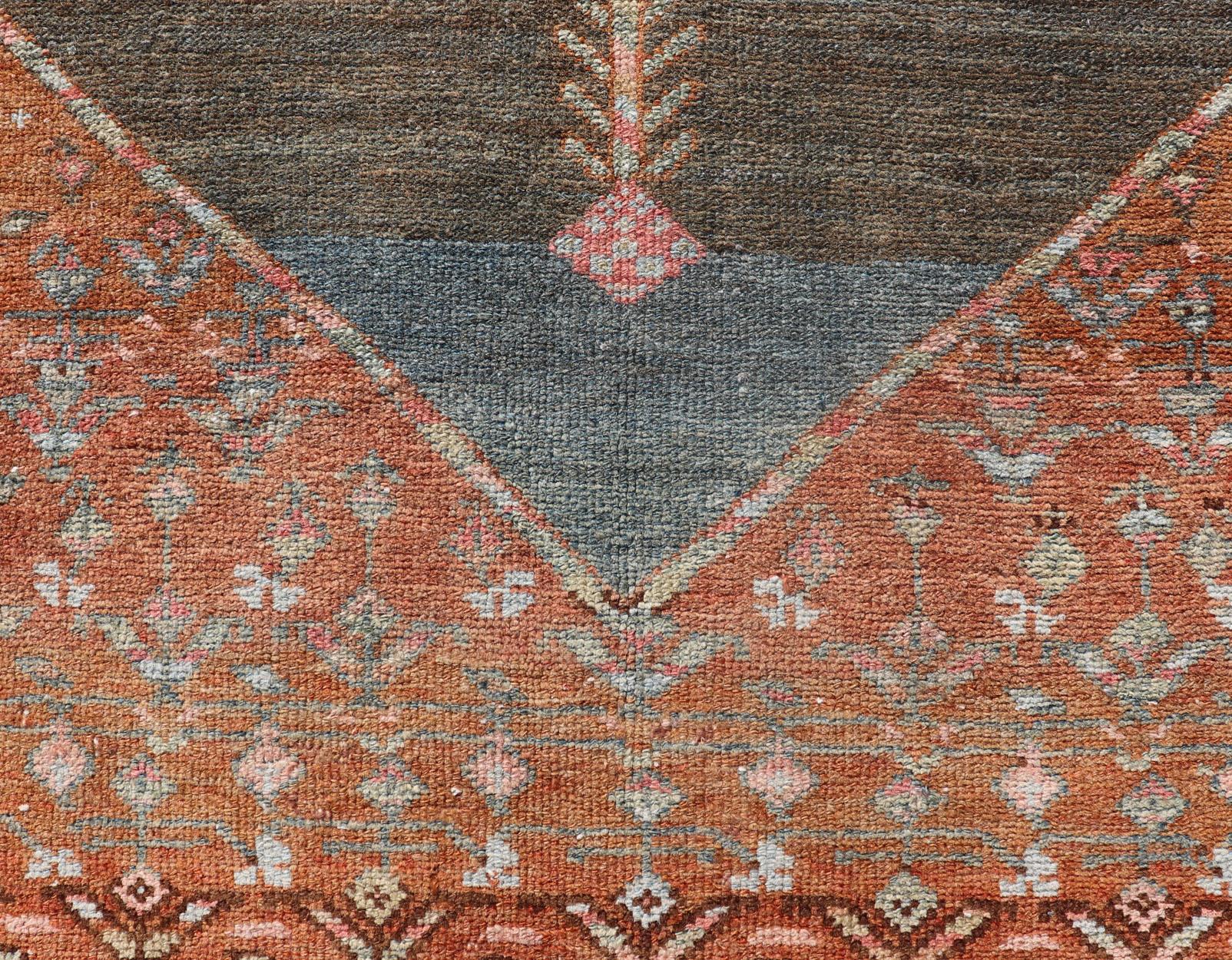 Antique Malayer Runner with Geometric Designs in Gray, Blue, Charcoal & Orange For Sale 4