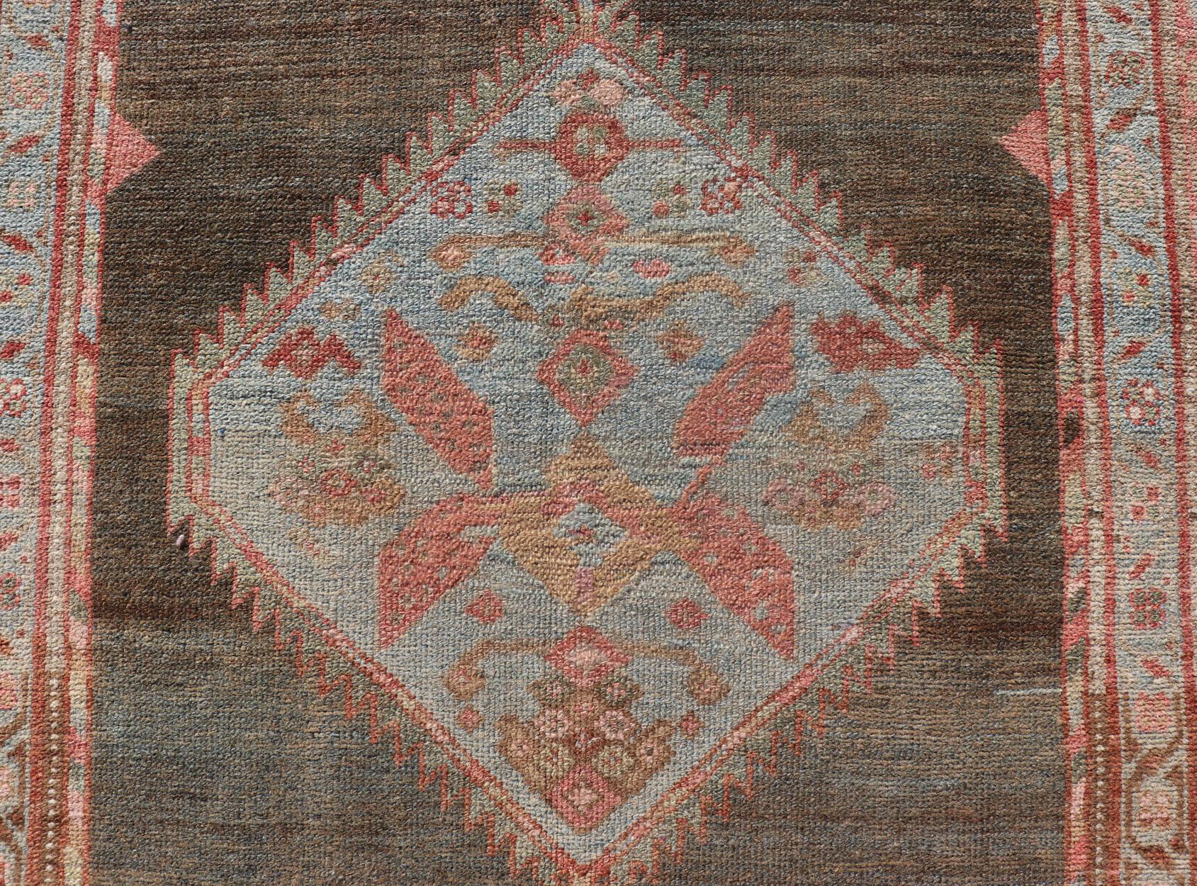 Antique Malayer Runner with Geometric Designs in Gray, Blue, Charcoal & Orange For Sale 5