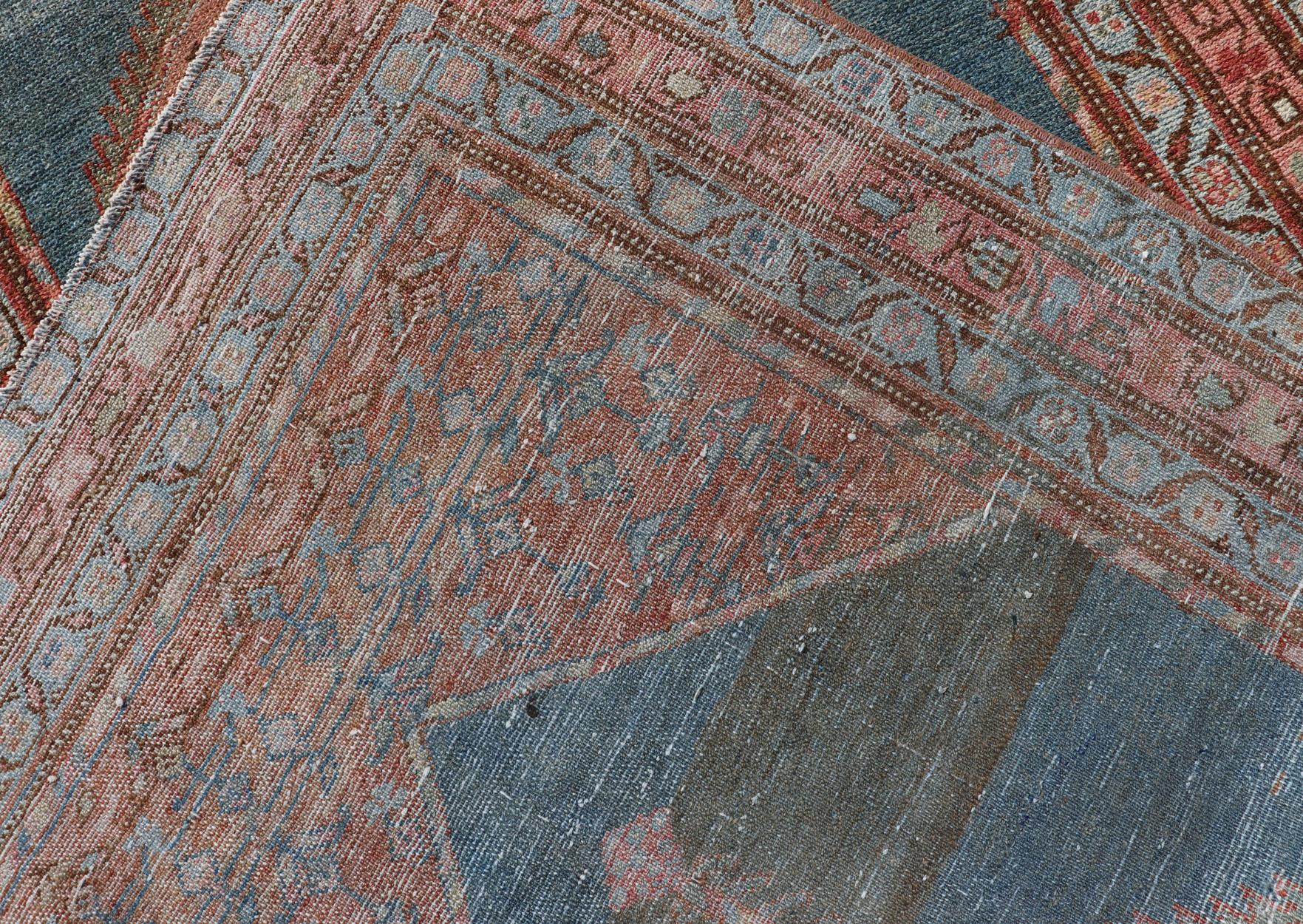 Antique Malayer Runner with Geometric Designs in Gray, Blue, Charcoal & Orange For Sale 6