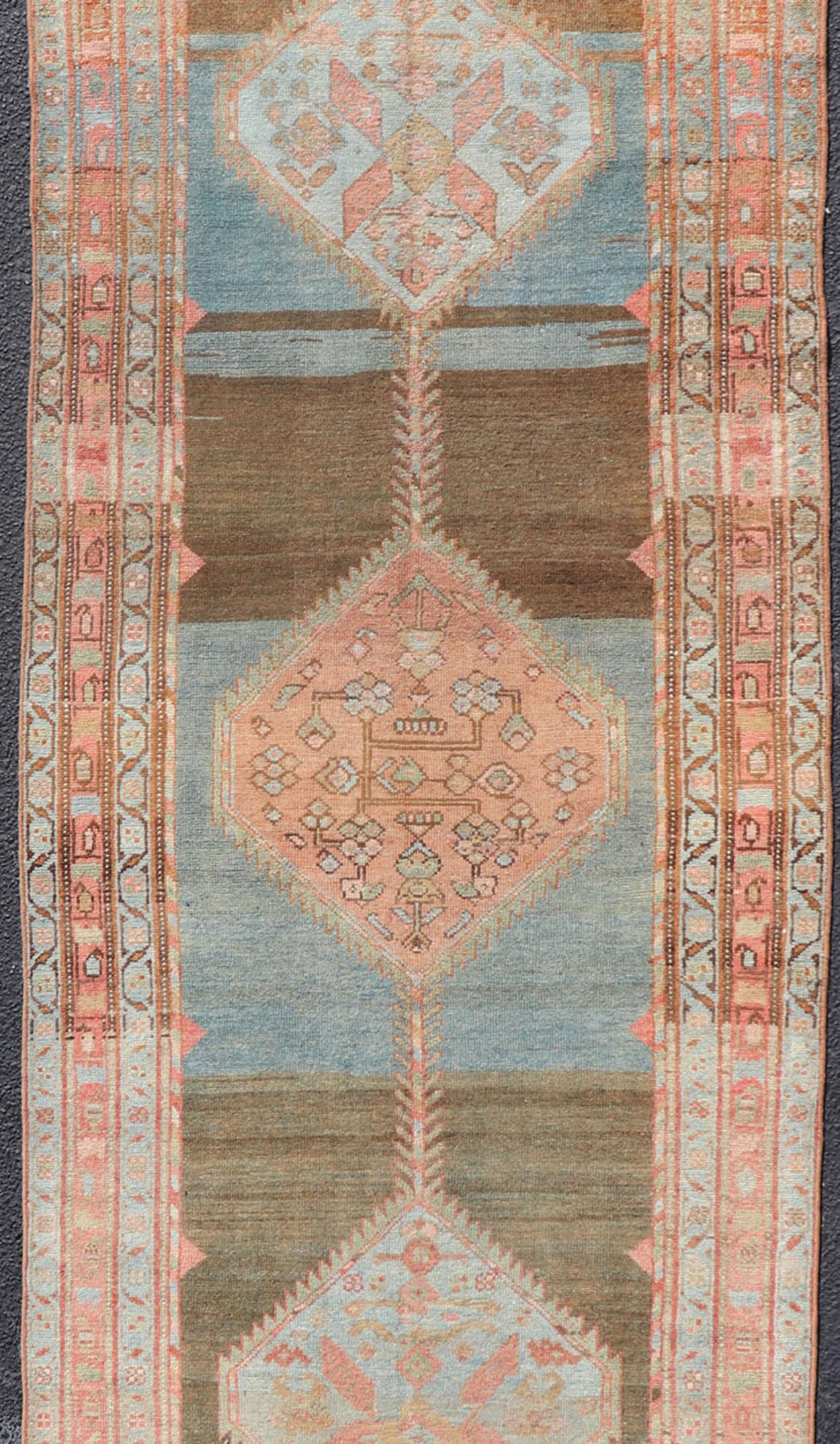 Persian Antique Malayer Runner with Geometric Designs in Gray, Blue, Charcoal & Orange For Sale