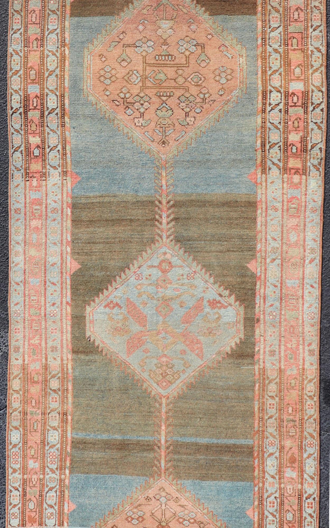 Hand-Knotted Antique Malayer Runner with Geometric Designs in Gray, Blue, Charcoal & Orange For Sale