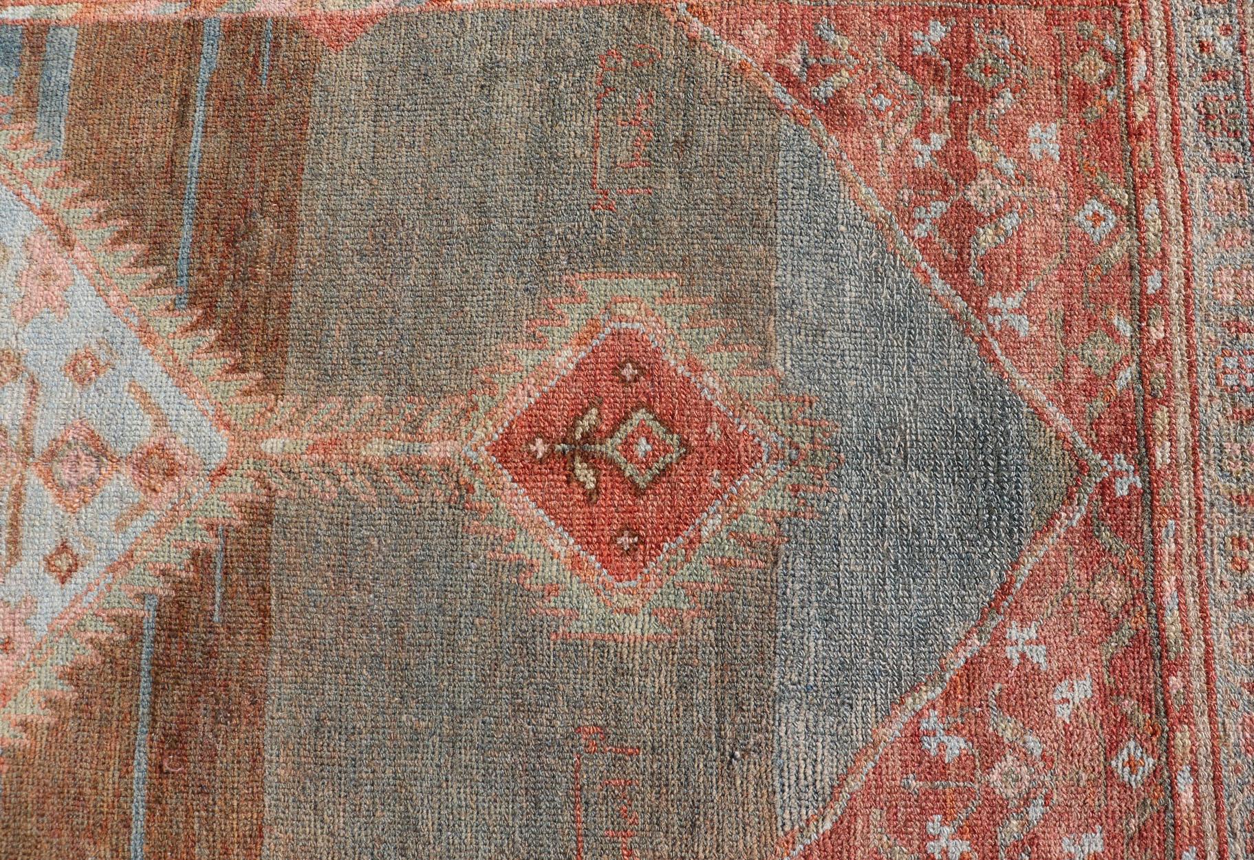 Antique Malayer Runner with Geometric Designs in Gray, Blue, Charcoal & Orange In Good Condition For Sale In Atlanta, GA