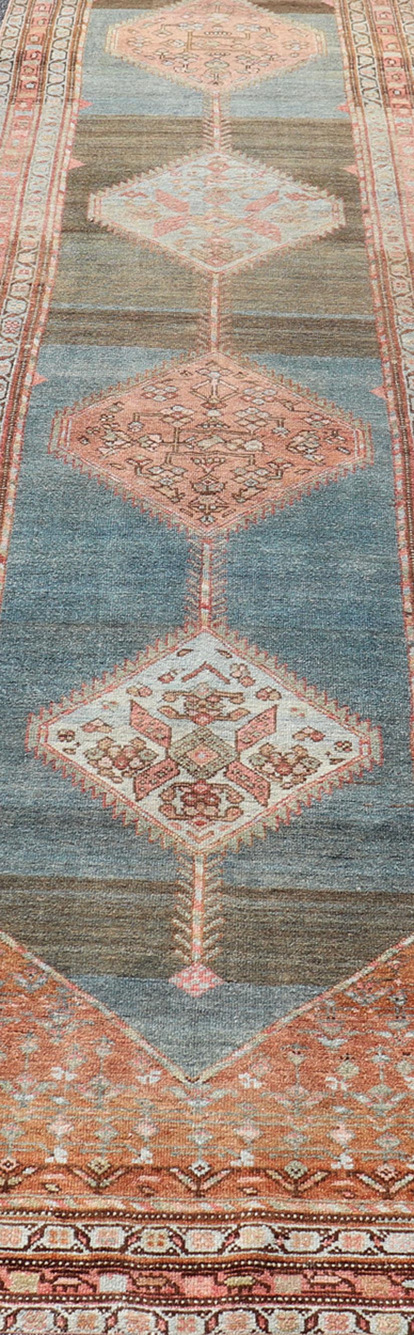 20th Century Antique Malayer Runner with Geometric Designs in Gray, Blue, Charcoal & Orange For Sale