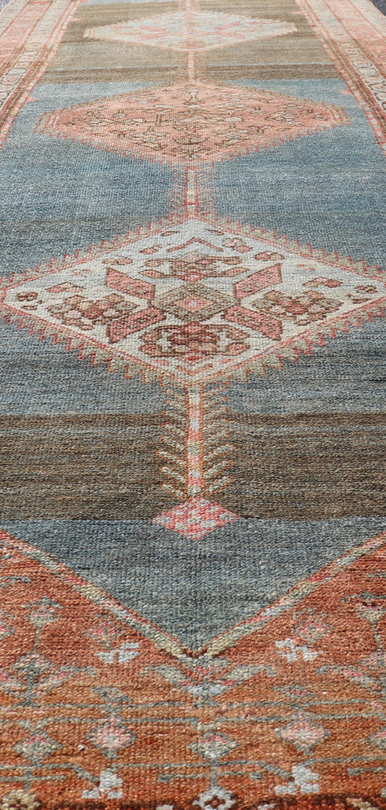 Wool Antique Malayer Runner with Geometric Designs in Gray, Blue, Charcoal & Orange For Sale
