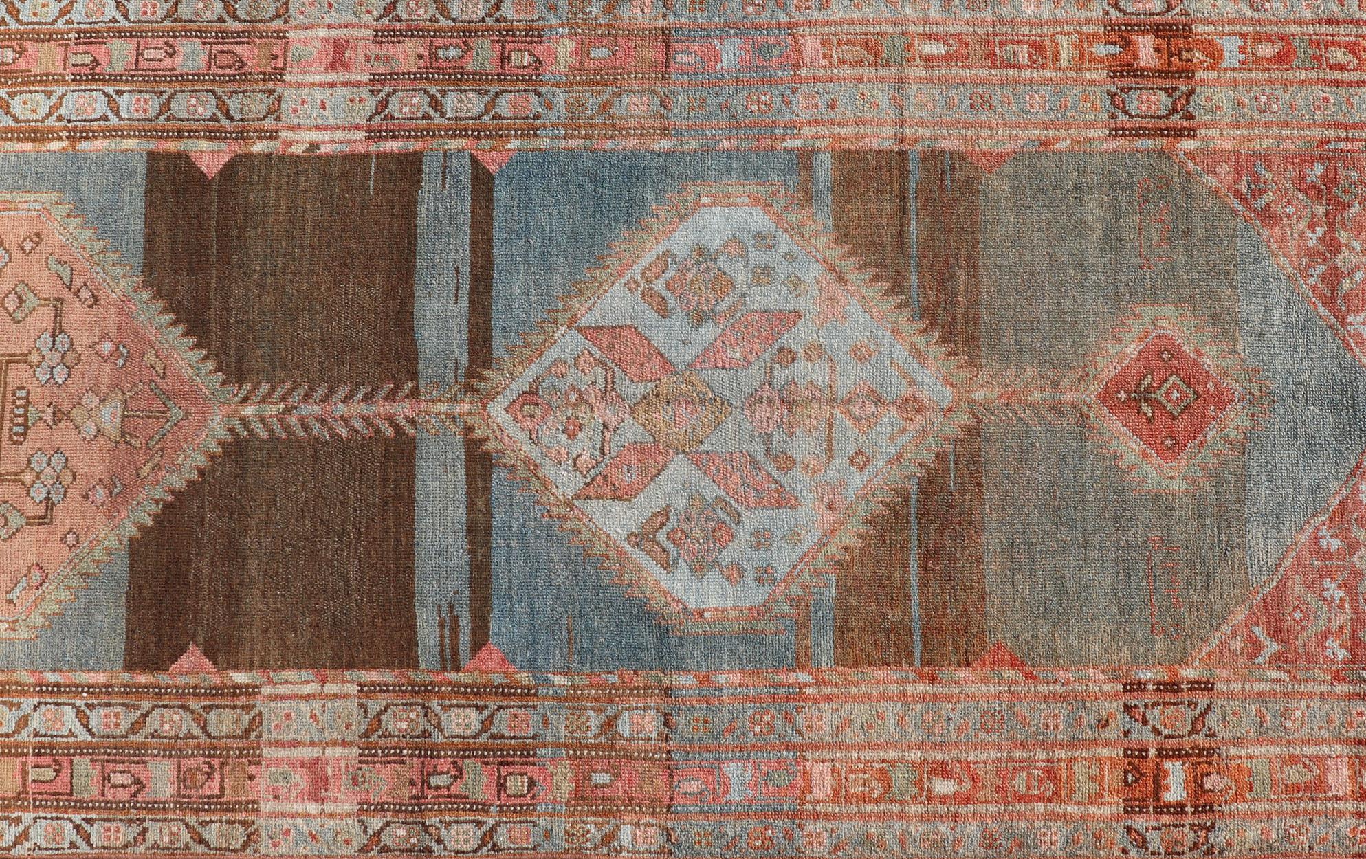Antique Malayer Runner with Geometric Designs in Gray, Blue, Charcoal & Orange For Sale 1