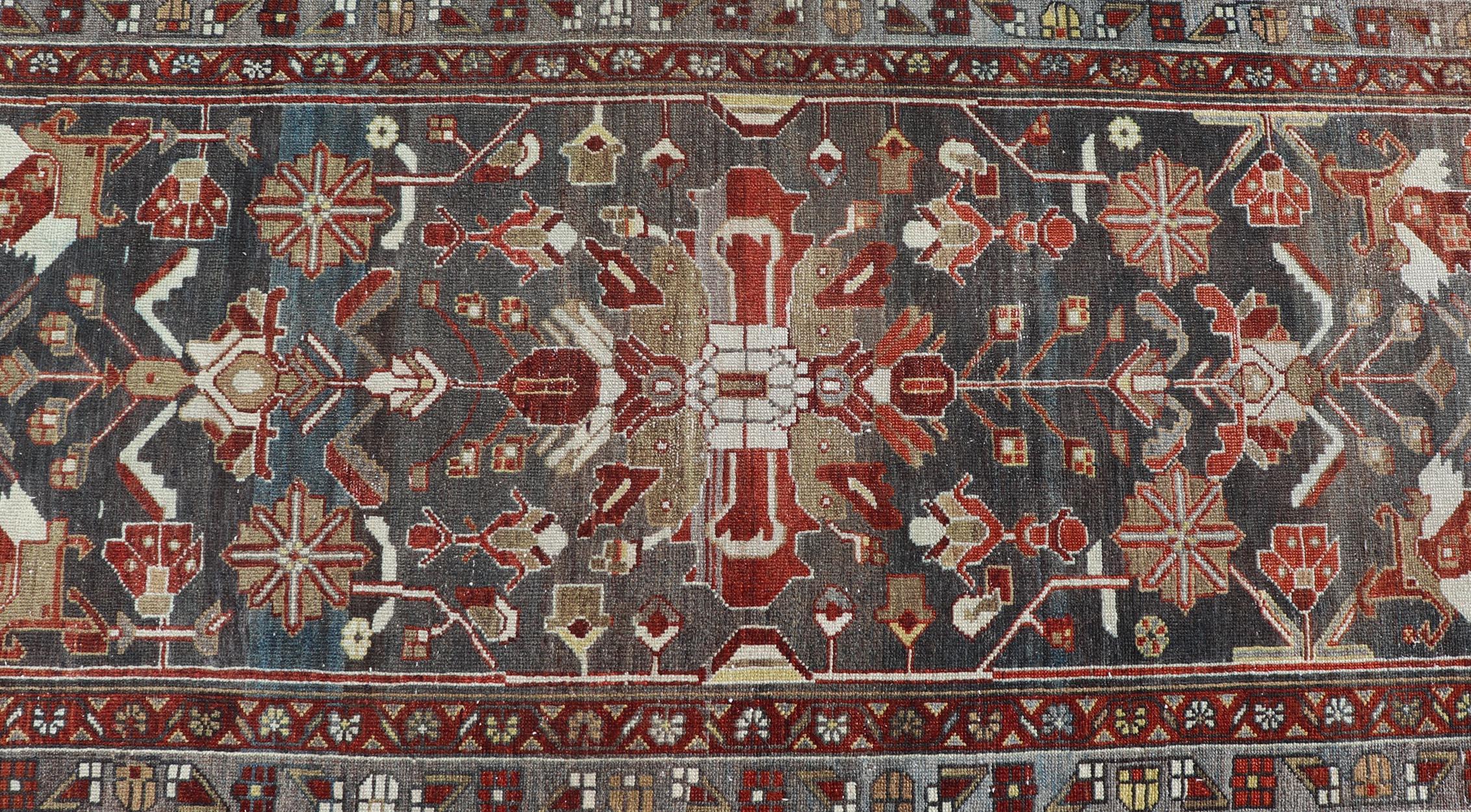 Antique Malayer Runner with Geometric Designs in Gray, Blue, Red, and Tan For Sale 3