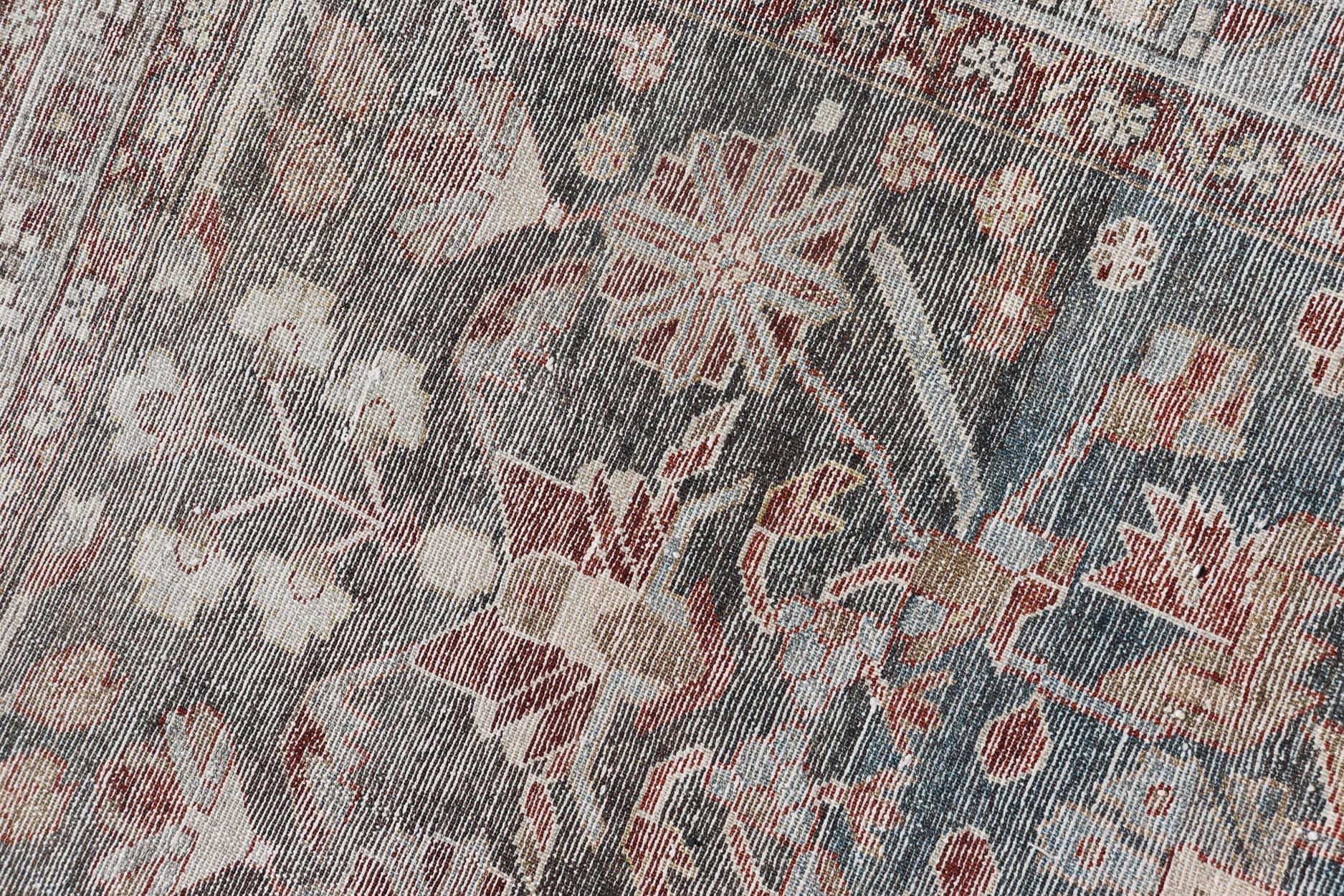 Antique Malayer Runner with Geometric Designs in Gray, Blue, Red, and Tan For Sale 5