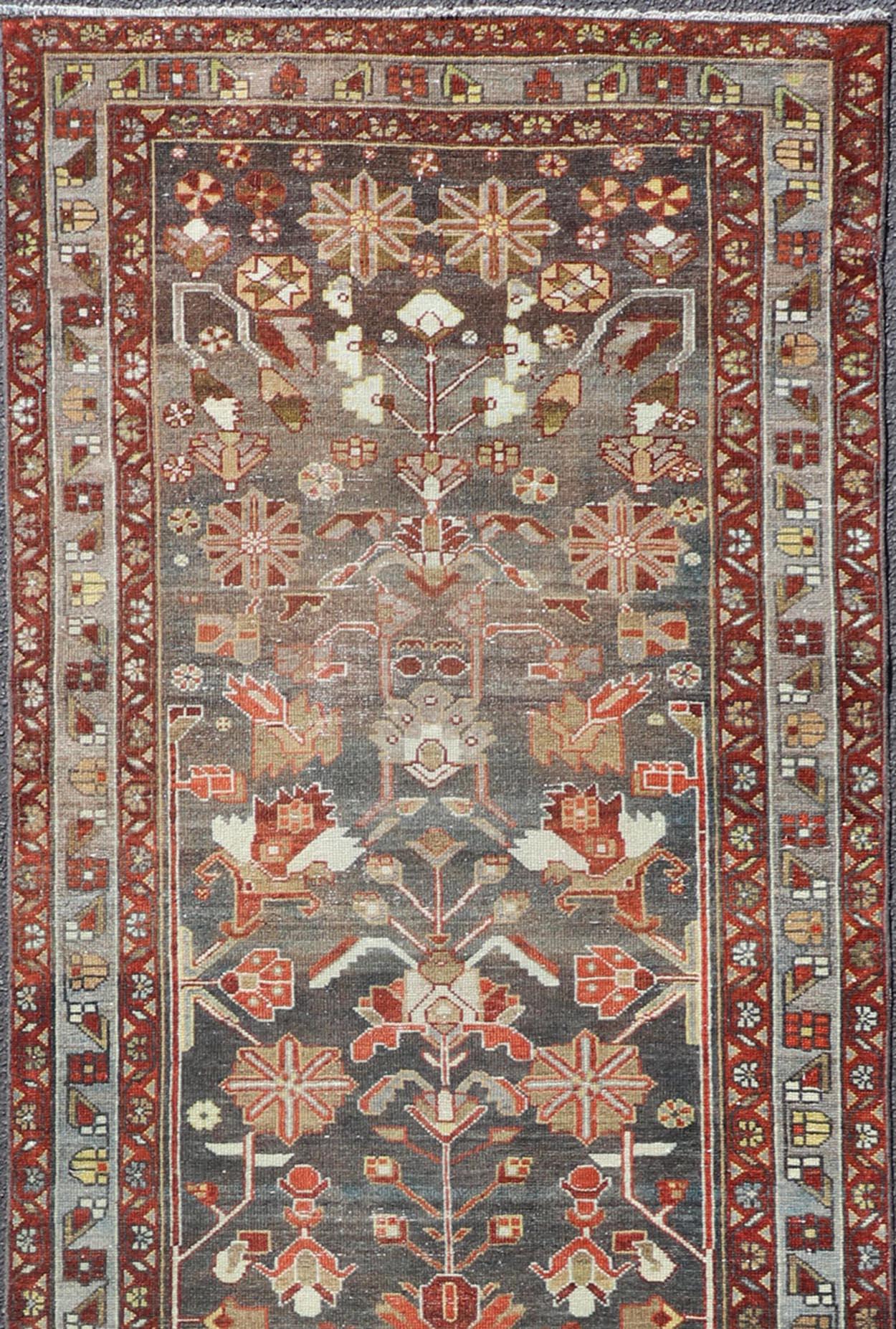 Persian Antique Malayer Runner with Geometric Designs in Gray, Blue, Red, and Tan For Sale