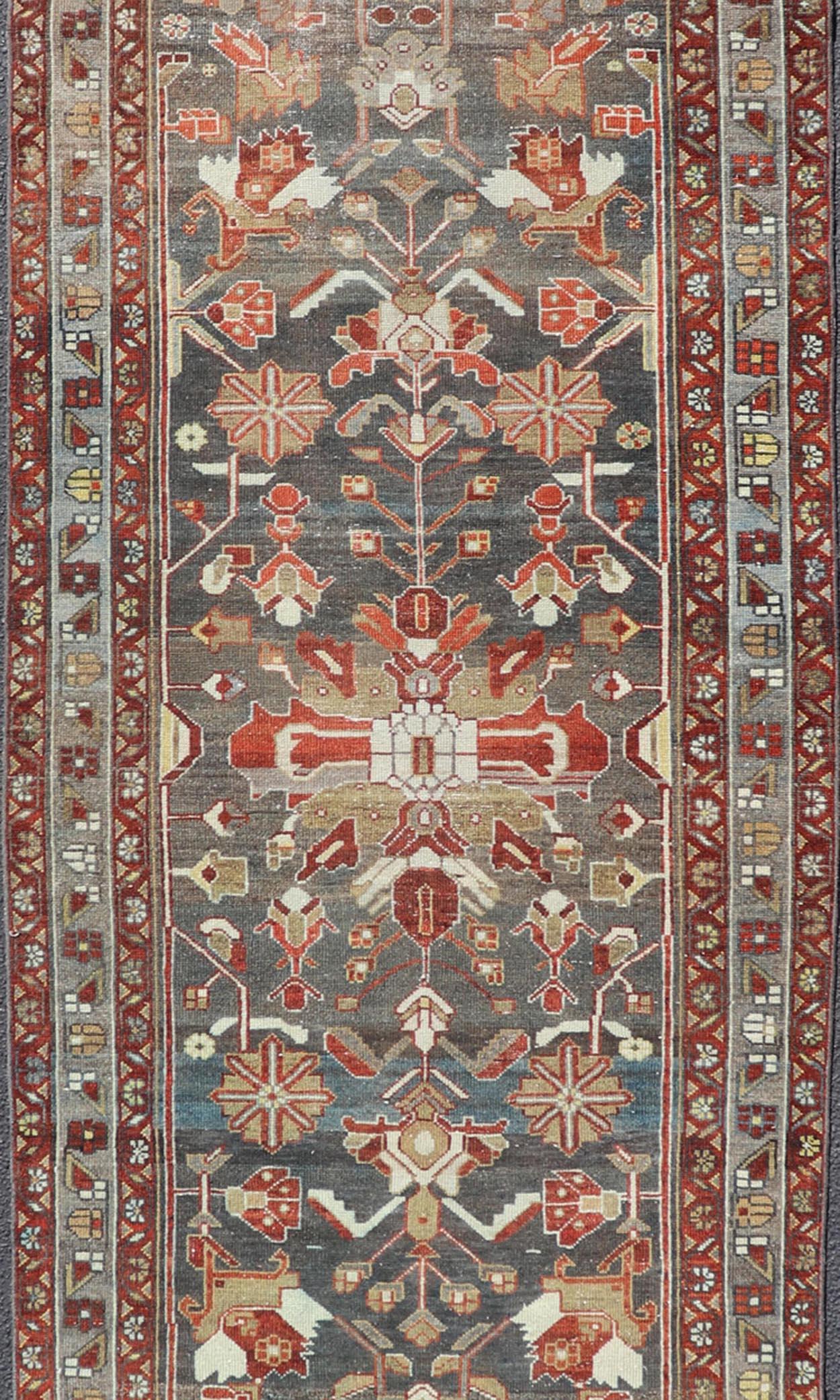 Hand-Knotted Antique Malayer Runner with Geometric Designs in Gray, Blue, Red, and Tan For Sale