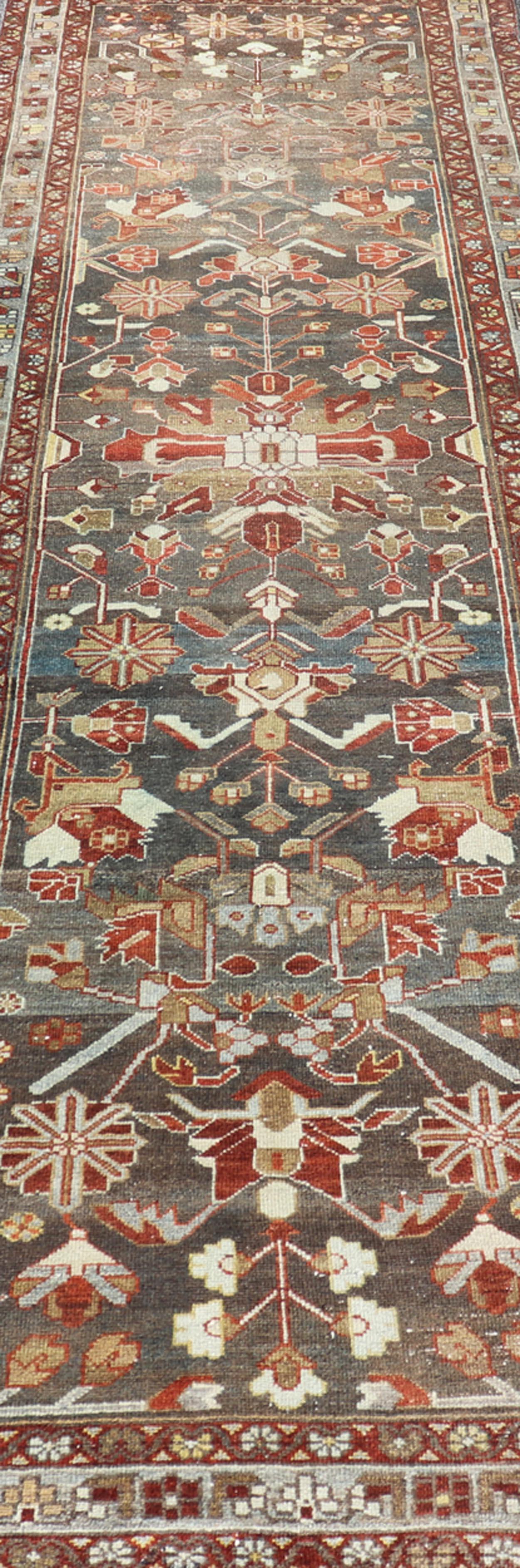 Antique Malayer Runner with Geometric Designs in Gray, Blue, Red, and Tan In Good Condition For Sale In Atlanta, GA