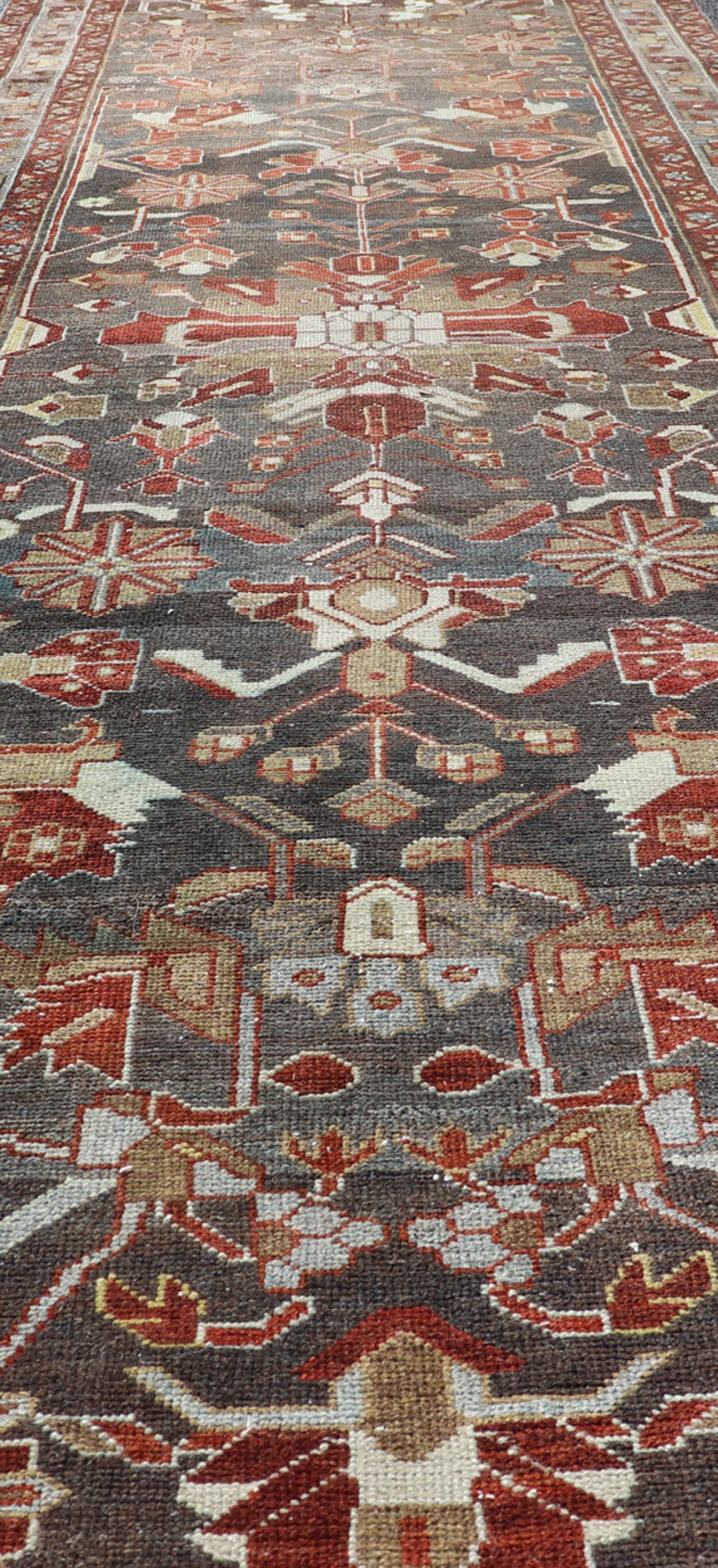 20th Century Antique Malayer Runner with Geometric Designs in Gray, Blue, Red, and Tan For Sale