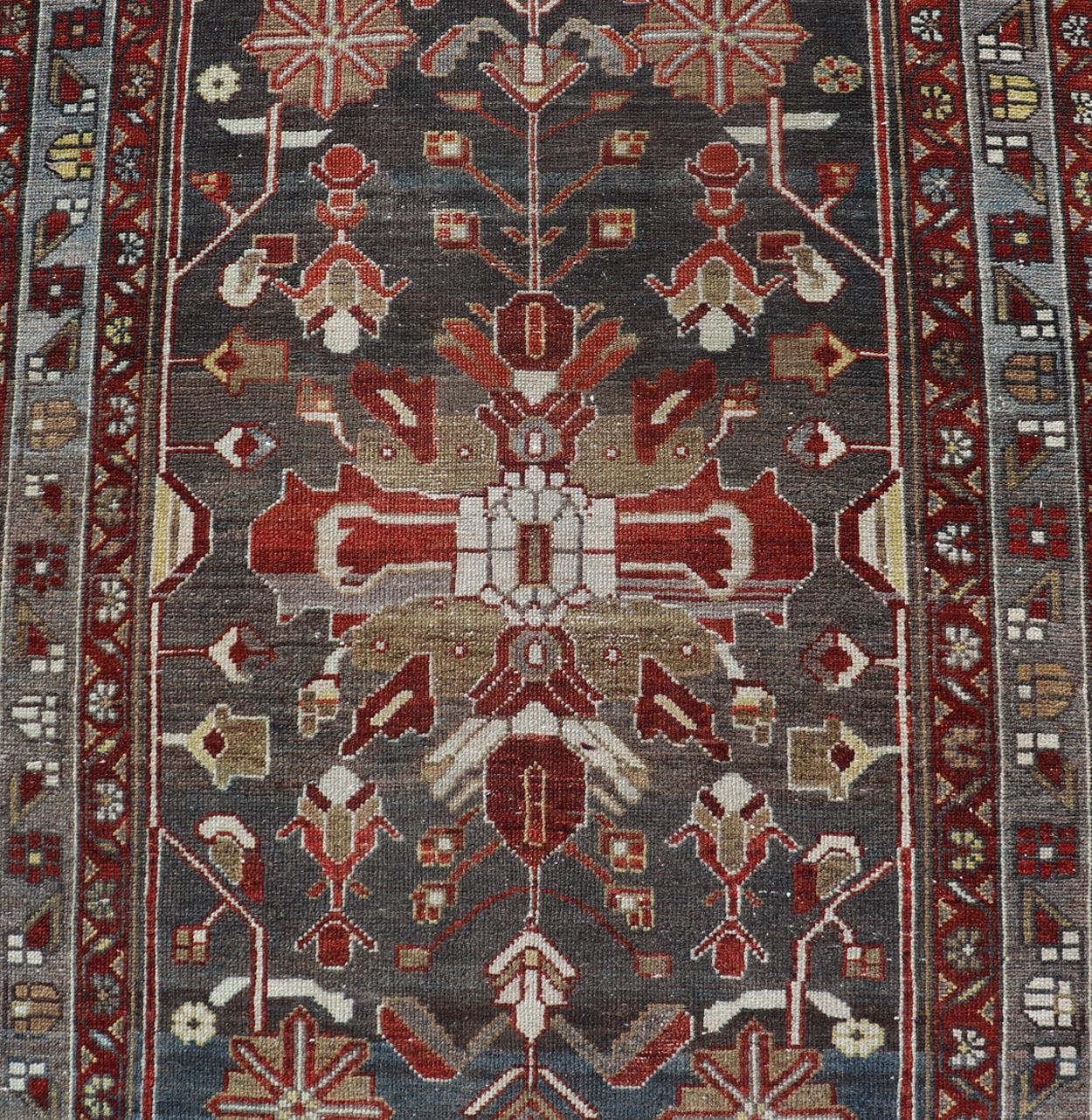 Wool Antique Malayer Runner with Geometric Designs in Gray, Blue, Red, and Tan For Sale