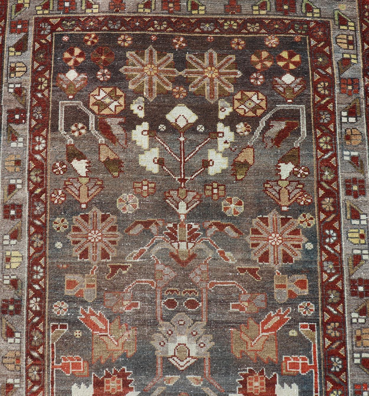 Antique Malayer Runner with Geometric Designs in Gray, Blue, Red, and Tan For Sale 1