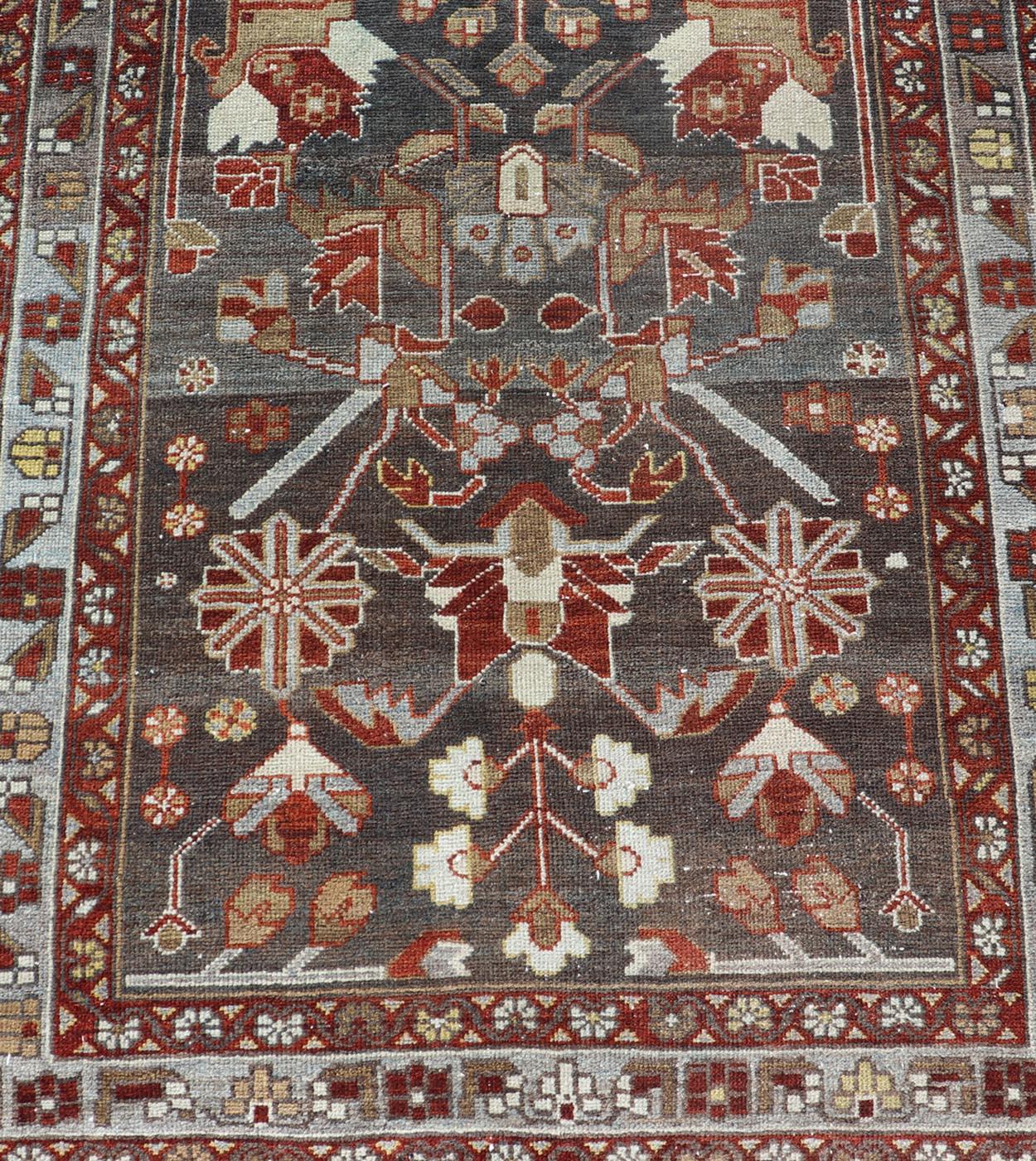 Antique Malayer Runner with Geometric Designs in Gray, Blue, Red, and Tan For Sale 2