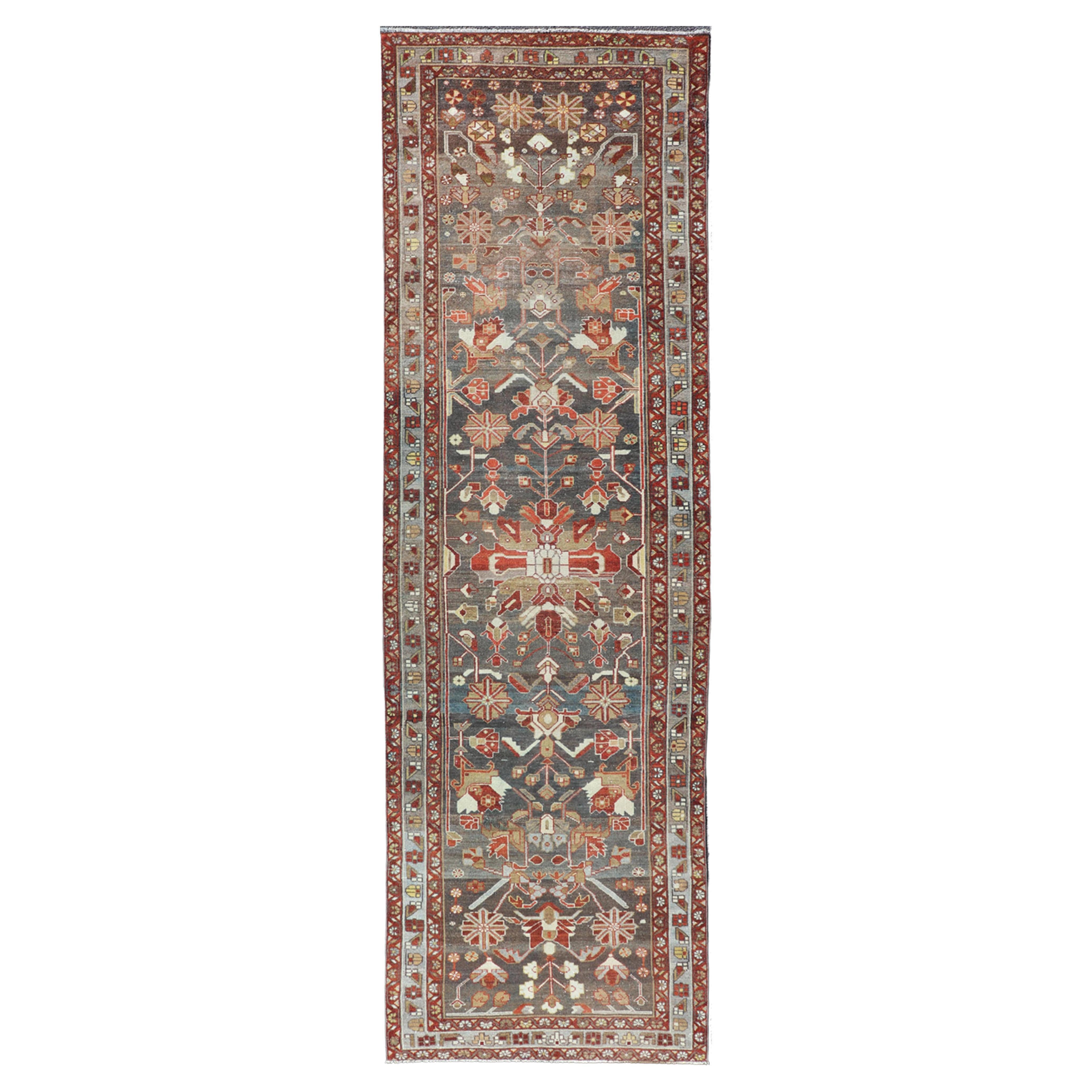 Antique Malayer Runner with Geometric Designs in Gray, Blue, Red, and Tan For Sale