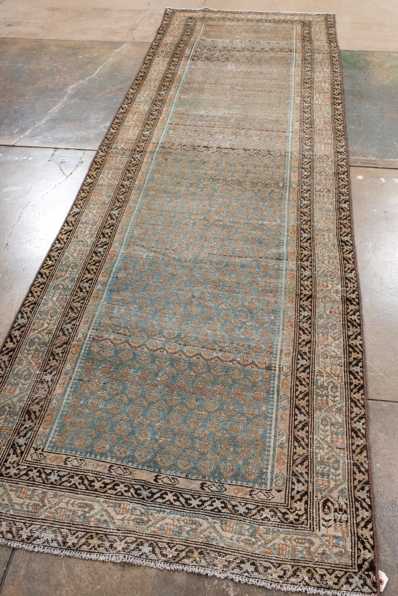 Persian Antique Malayer Runner with Repeating Herati Pattern in Soft Blue For Sale