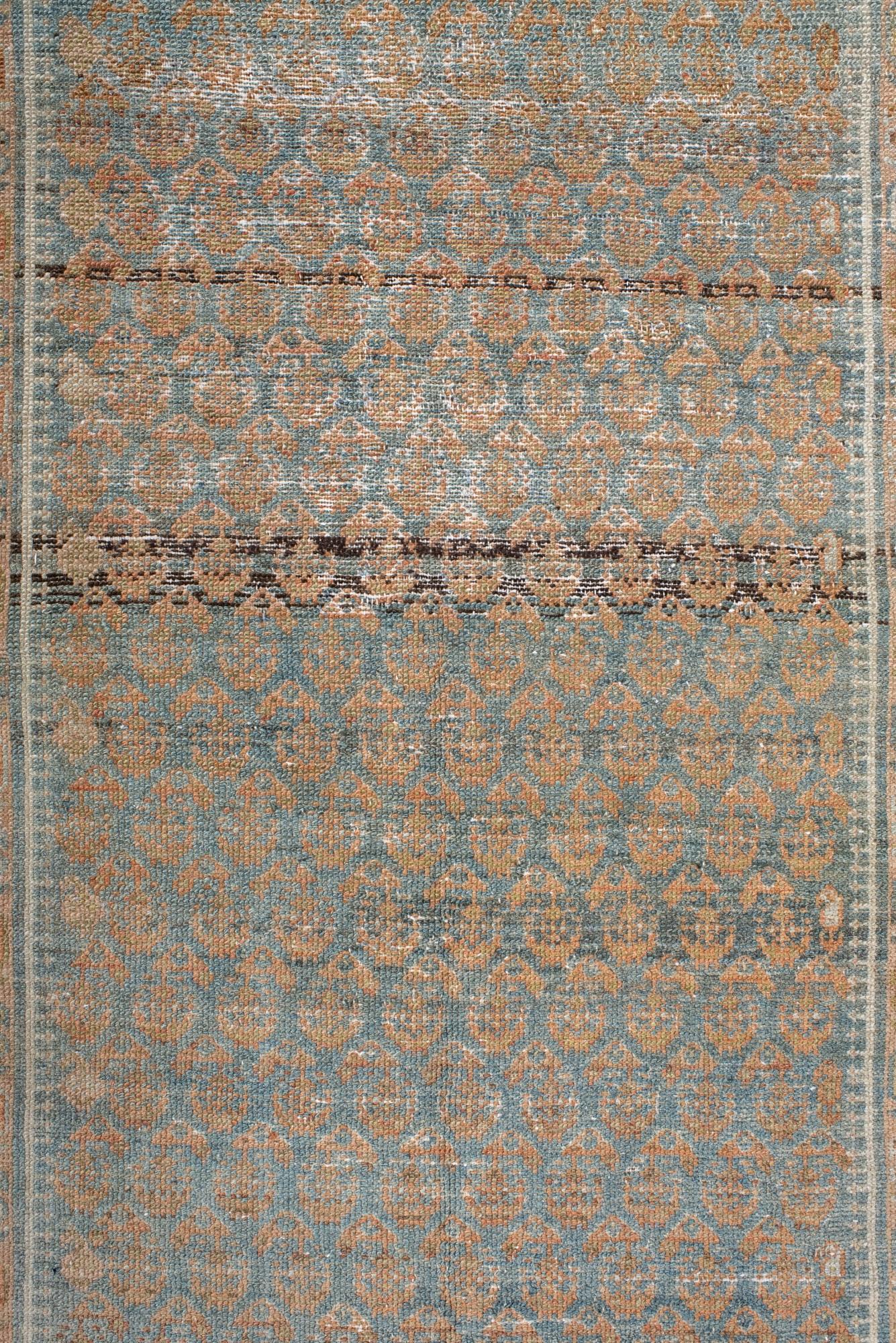 Hand-Knotted Antique Malayer Runner with Repeating Herati Pattern in Soft Blue For Sale