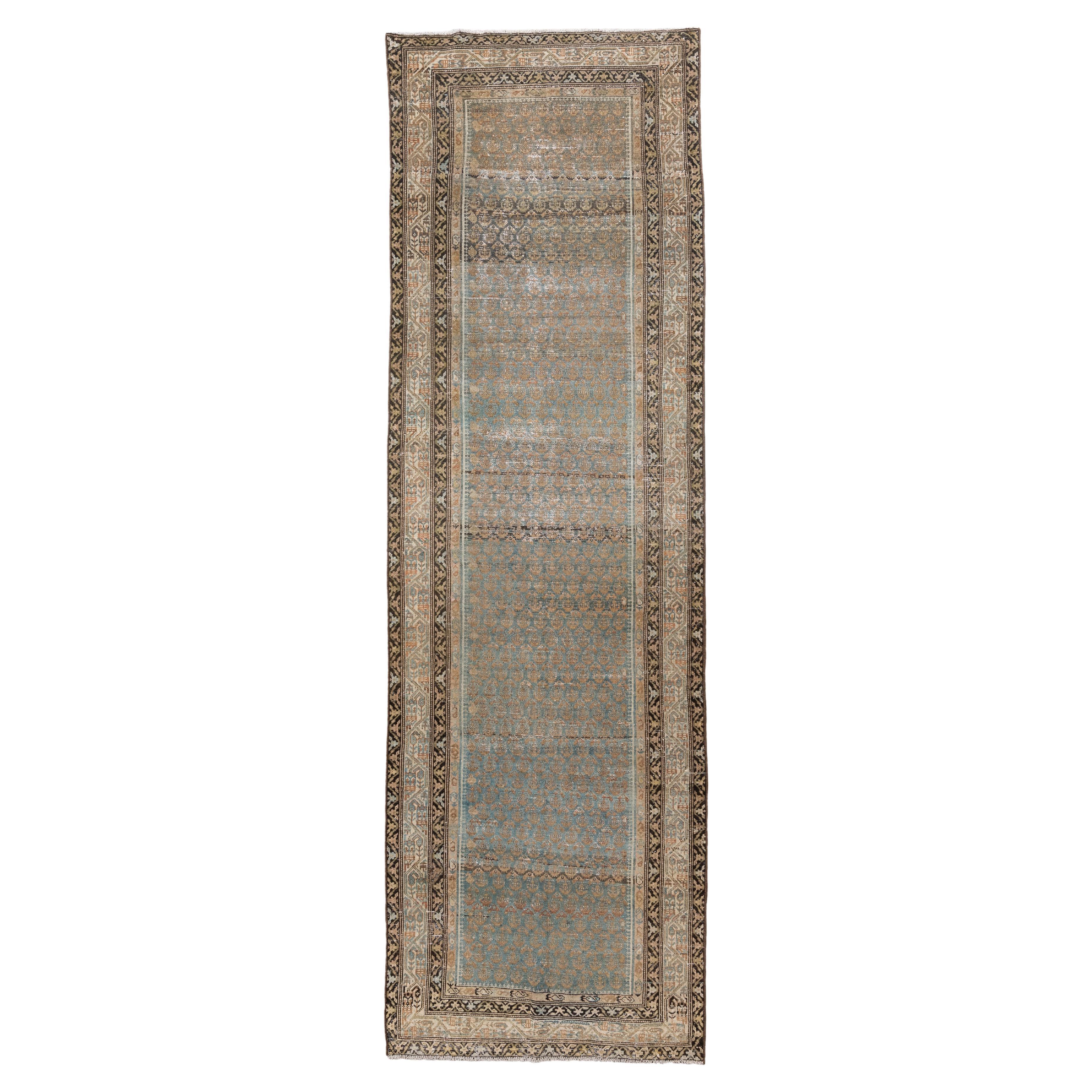 Antique Malayer Runner with Repeating Herati Pattern in Soft Blue For Sale