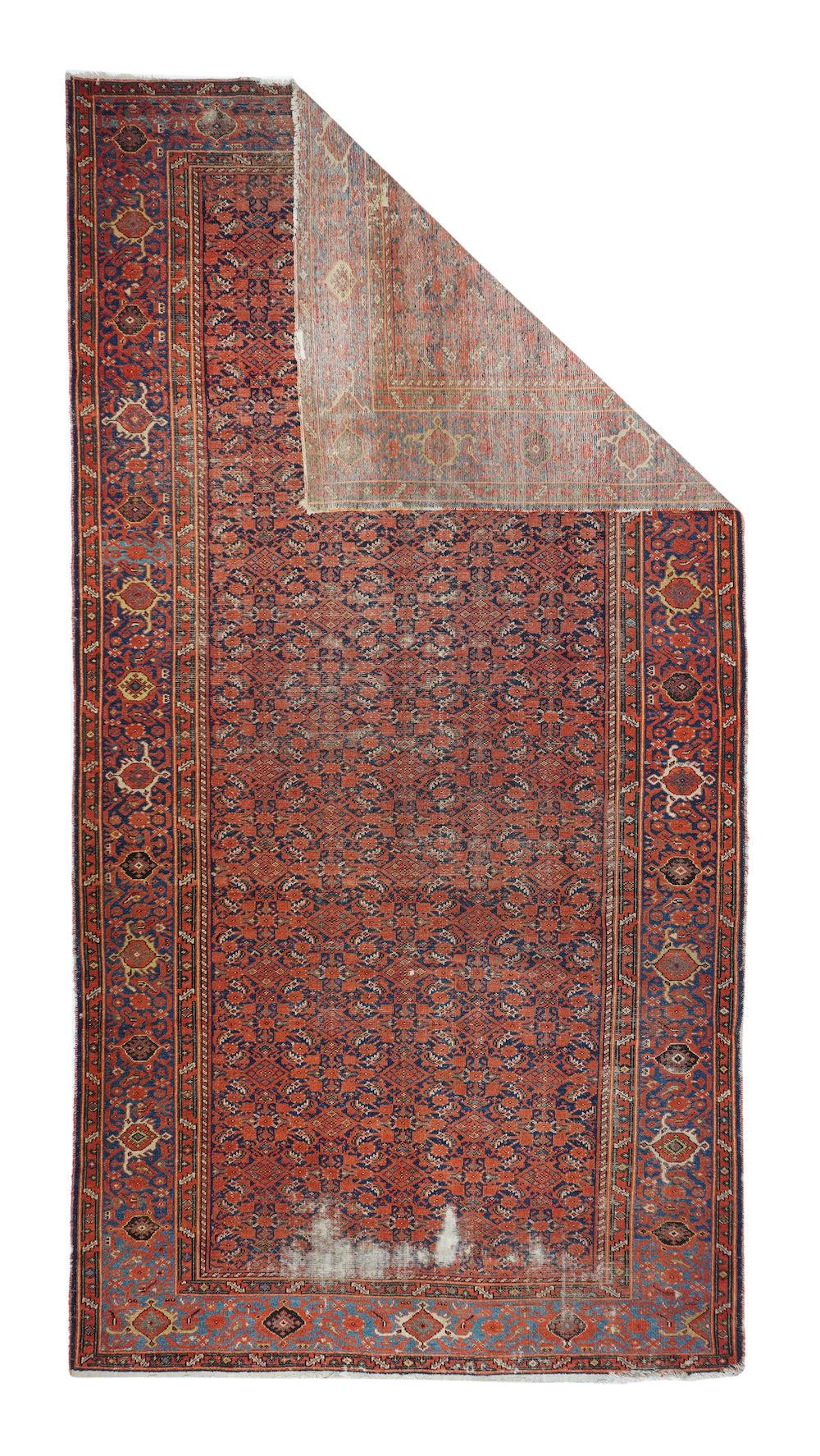 Antique Malayer Shabby Chic Rug 6'6'' x 12'8''. West Persian kellegi (long rug) with visible spot wear in a navy Herati pattern field. Medium blue main border shows reversing turtles. Significant end issues. Fair condition. Cotton foundation,