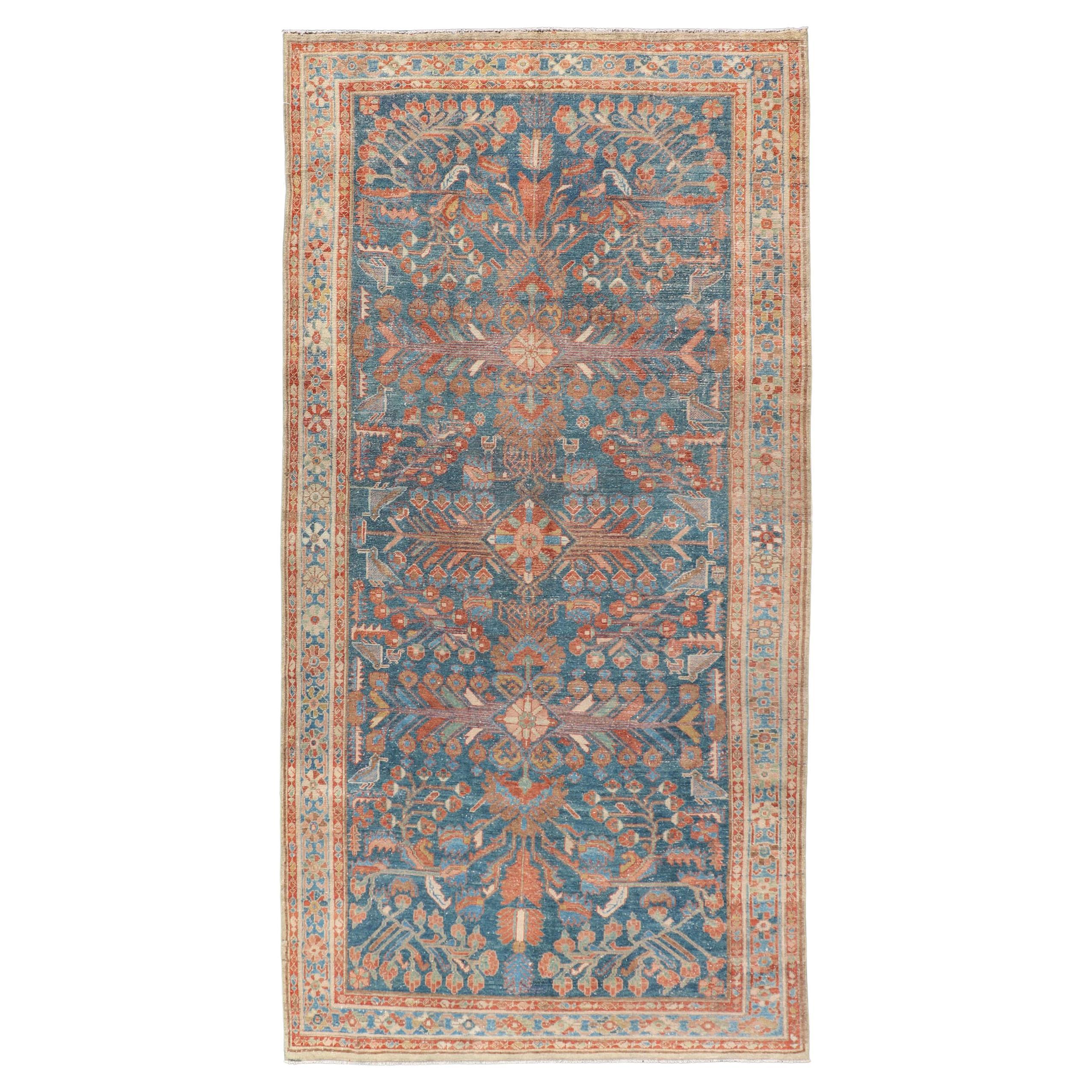 Antique Malayer Rug with Floral Medallion Design in Blue and Cream 
