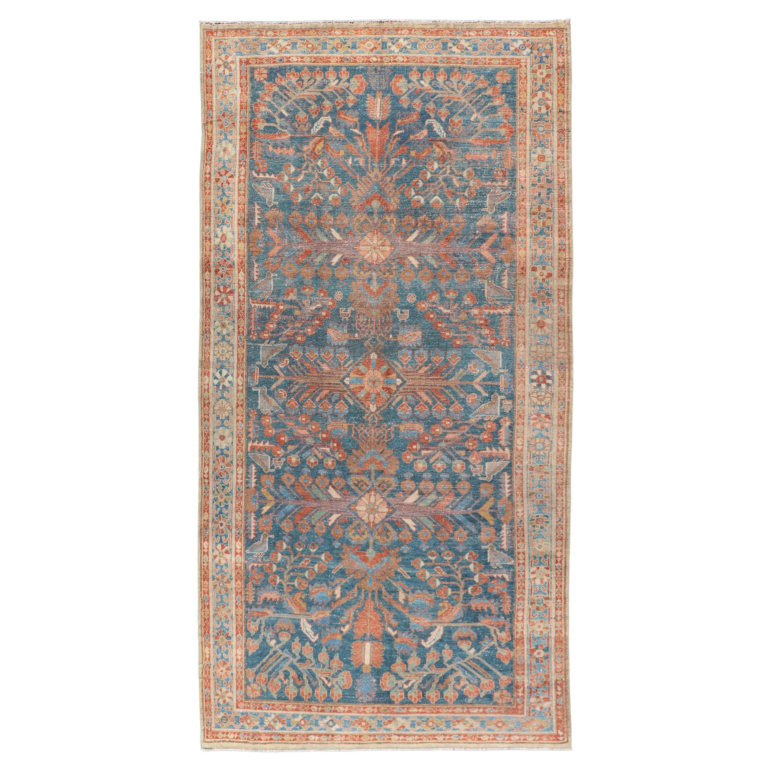 Antique Malayer Rug with Floral Medallion Design in Blue and Cream