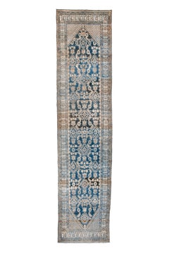 Antiker Läufer im Malayer-Stil mit durchgängigem geometrischem Gittermuster in Indigo und Elfenbein
