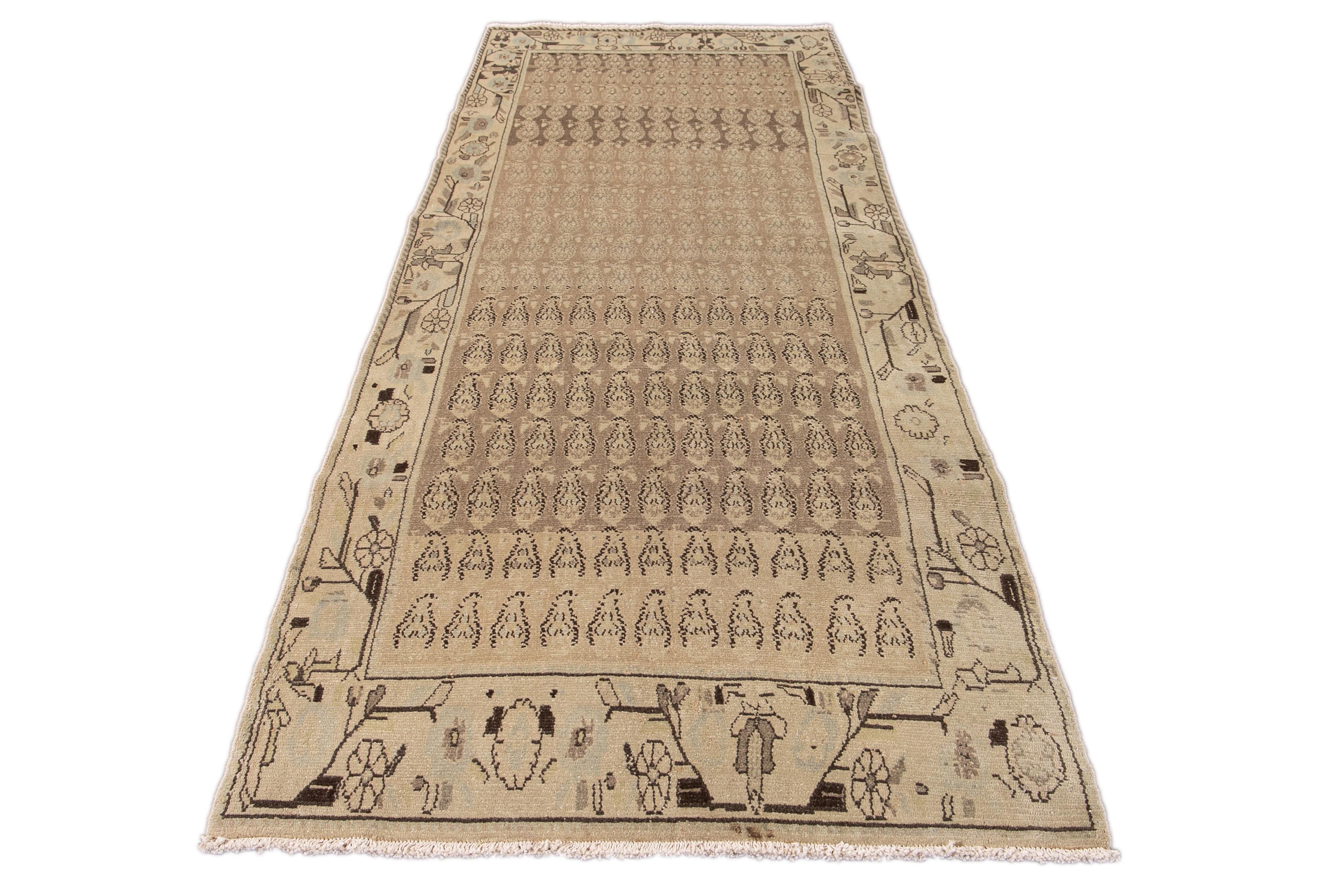 Islamic Antique Malayer Tan Handmade Floral Pattern Wool Runner For Sale