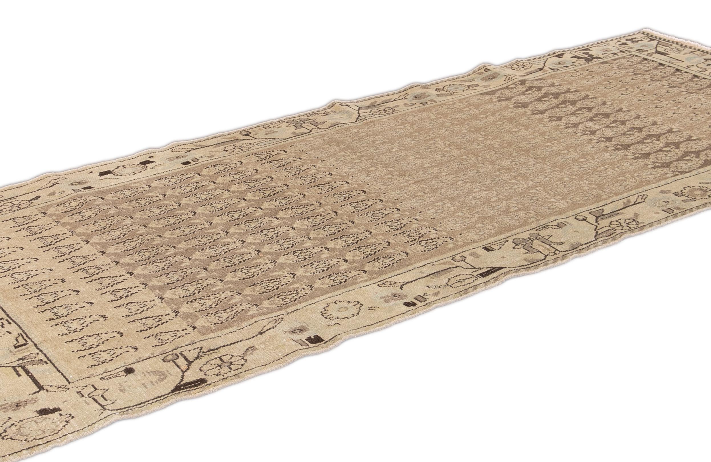 Persian Antique Malayer Tan Handmade Floral Pattern Wool Runner For Sale