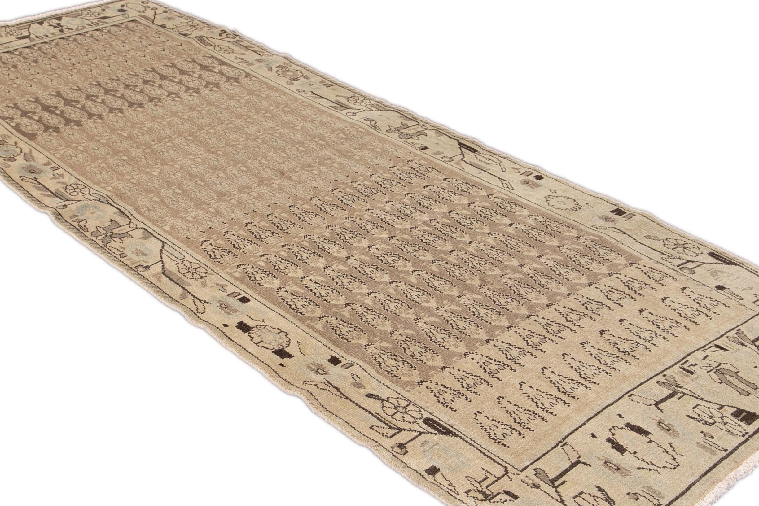 Hand-Knotted Antique Malayer Tan Handmade Floral Pattern Wool Runner For Sale