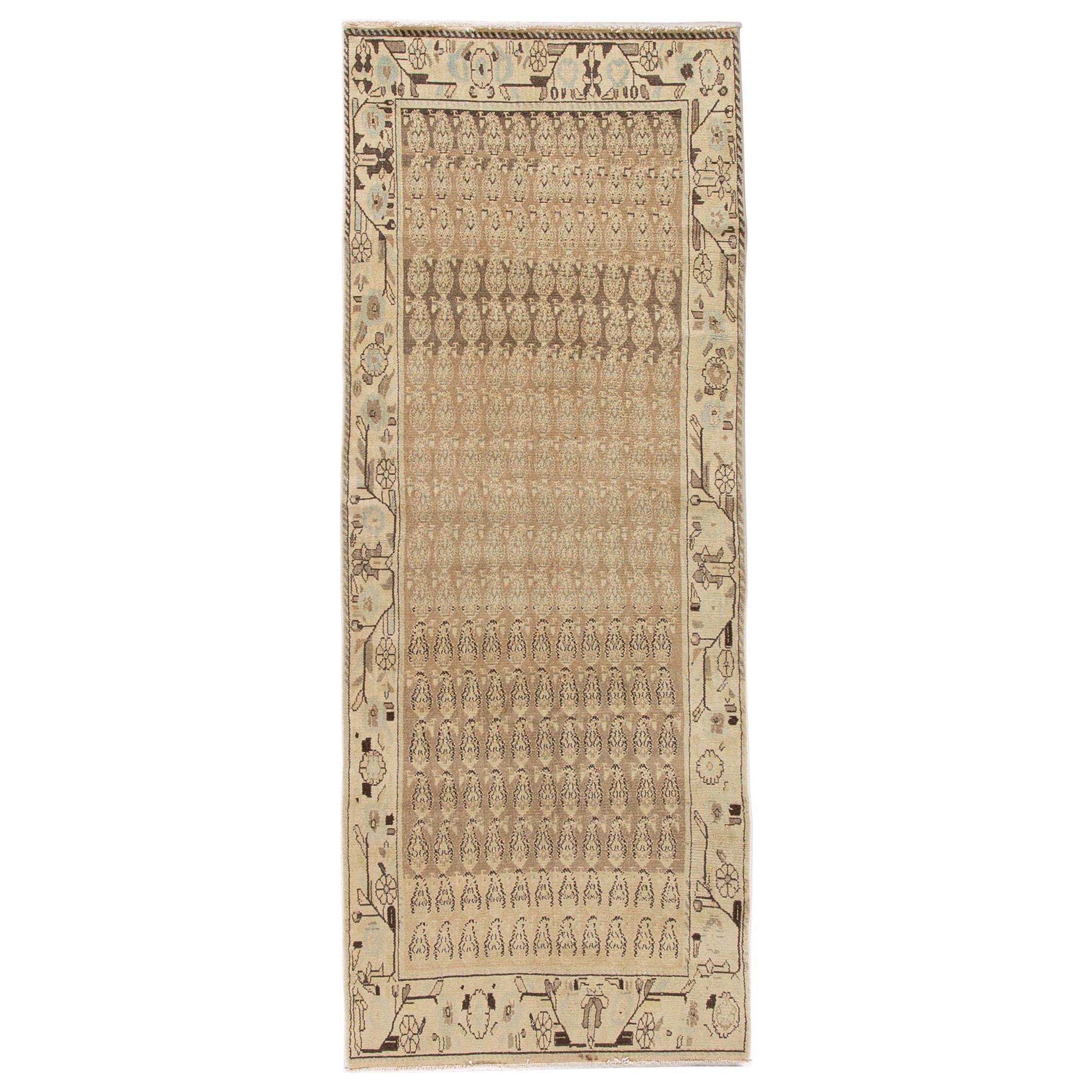 Antique Malayer Tan Handmade Floral Pattern Wool Runner