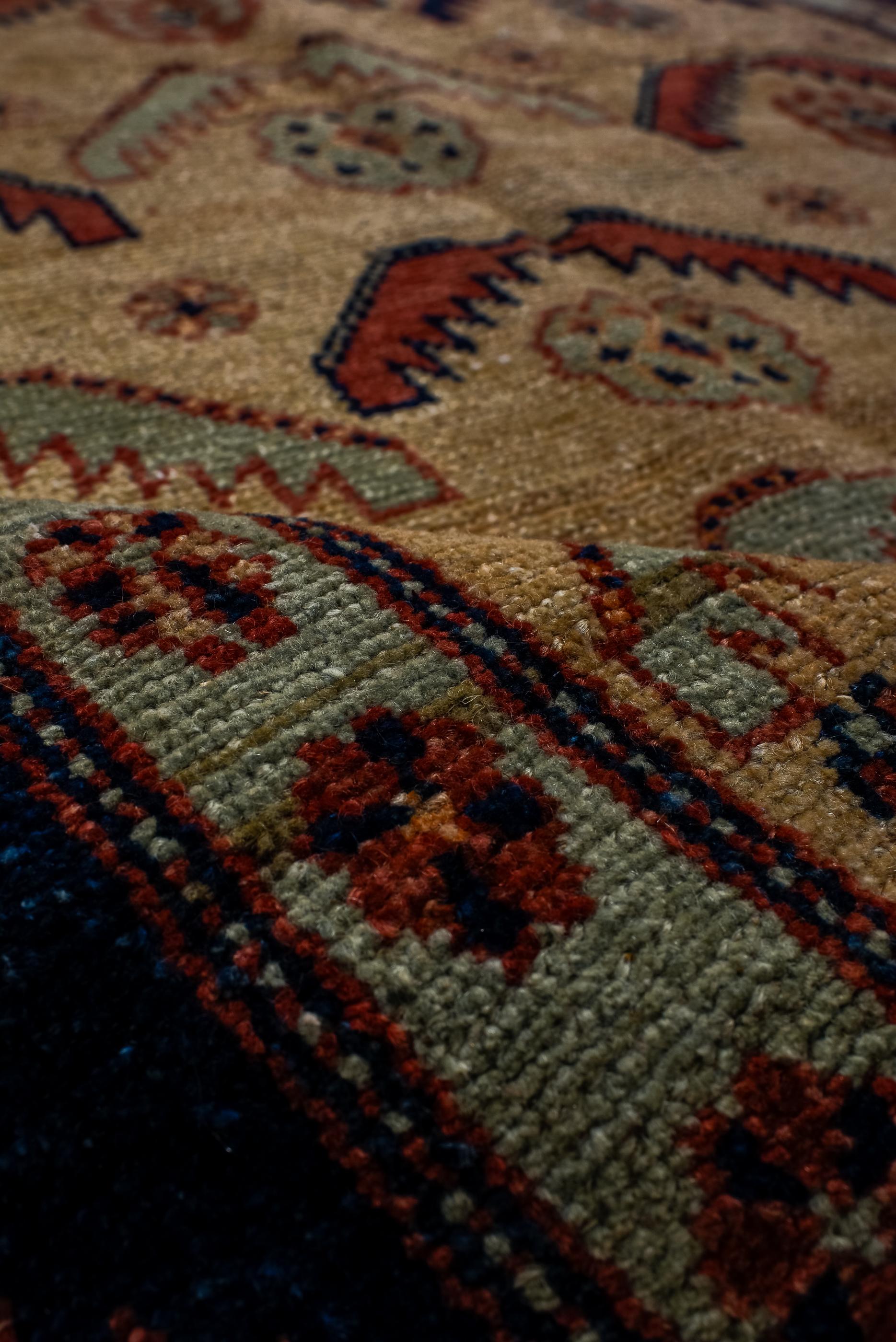 Wool Antique Malayer Village Rug with Camel Field and Rosette Design For Sale