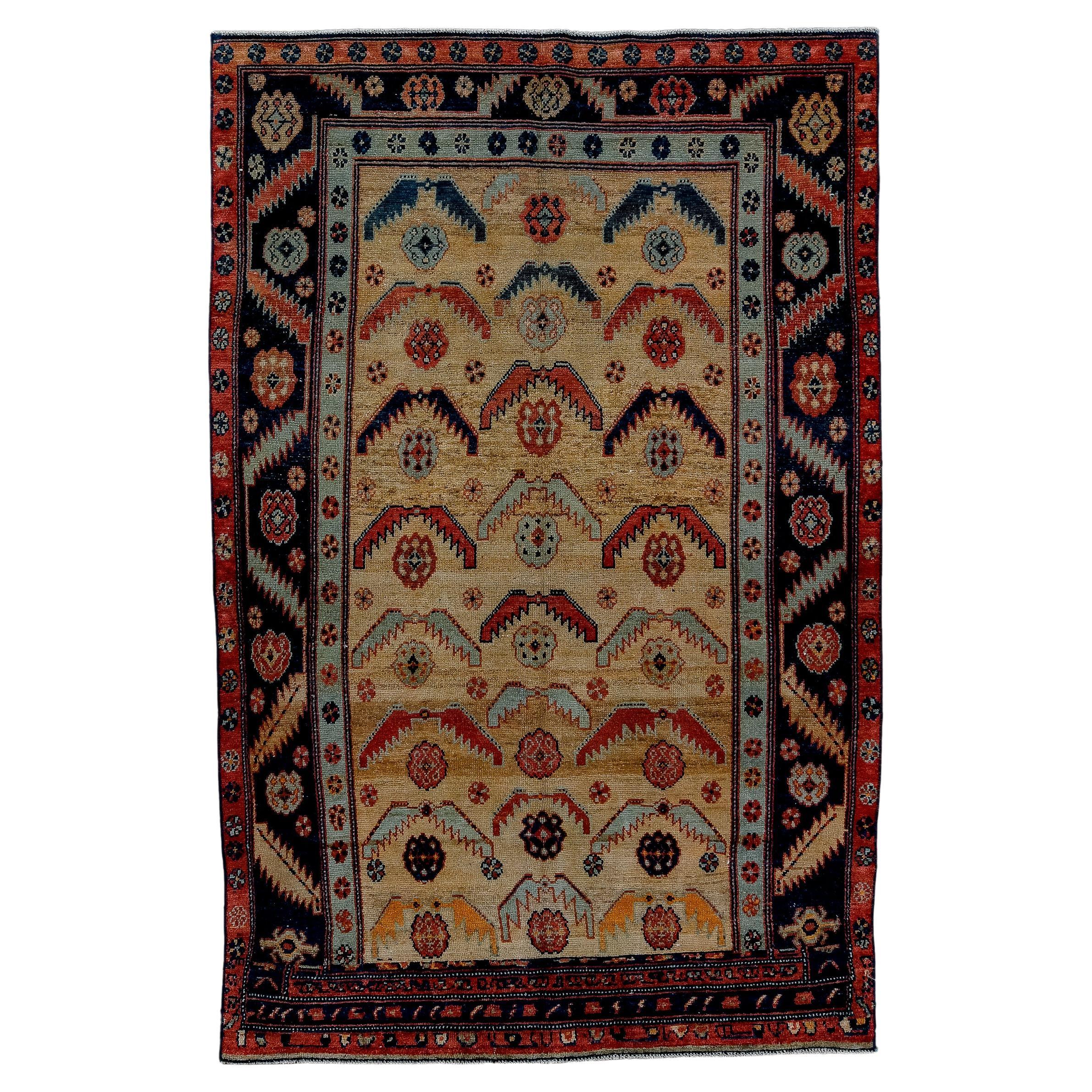 Antique Malayer Village Rug with Camel Field and Rosette Design For Sale
