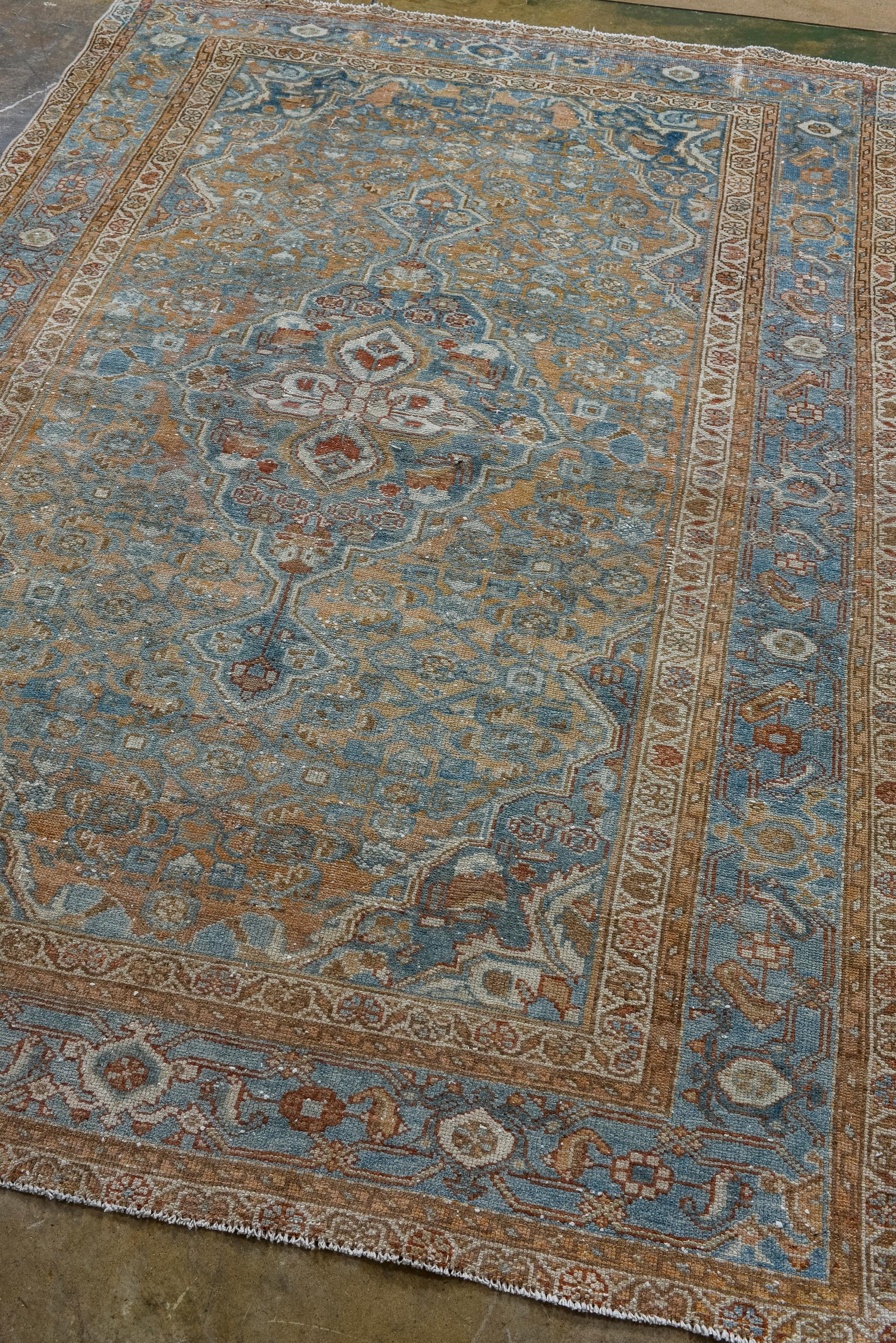 Hand-Knotted Antique Malayer with Blue Colors and Classic  Persian Medallion  For Sale