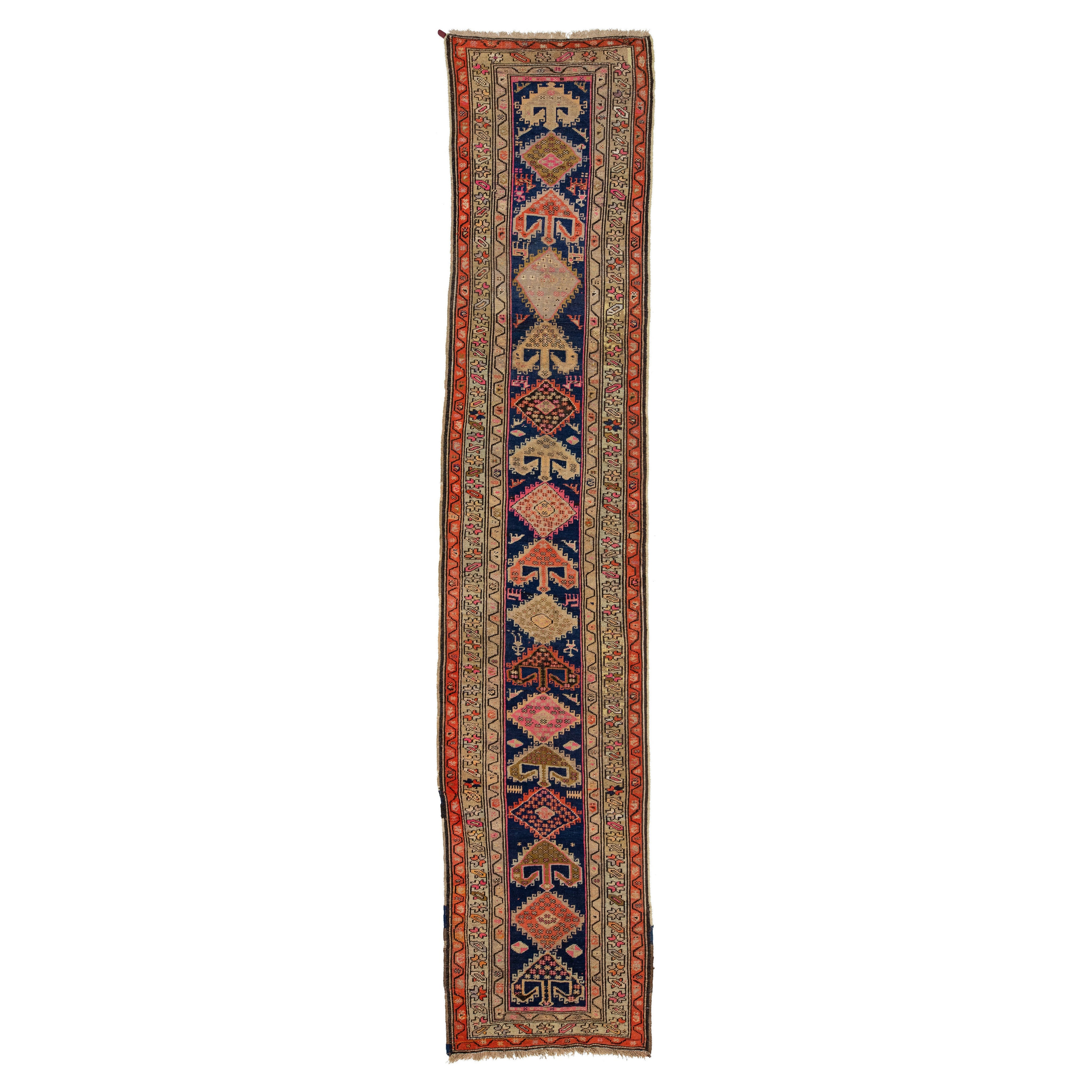 Tapis de couloir Malayer en laine bleu antique fait à la main avec motif tribal
