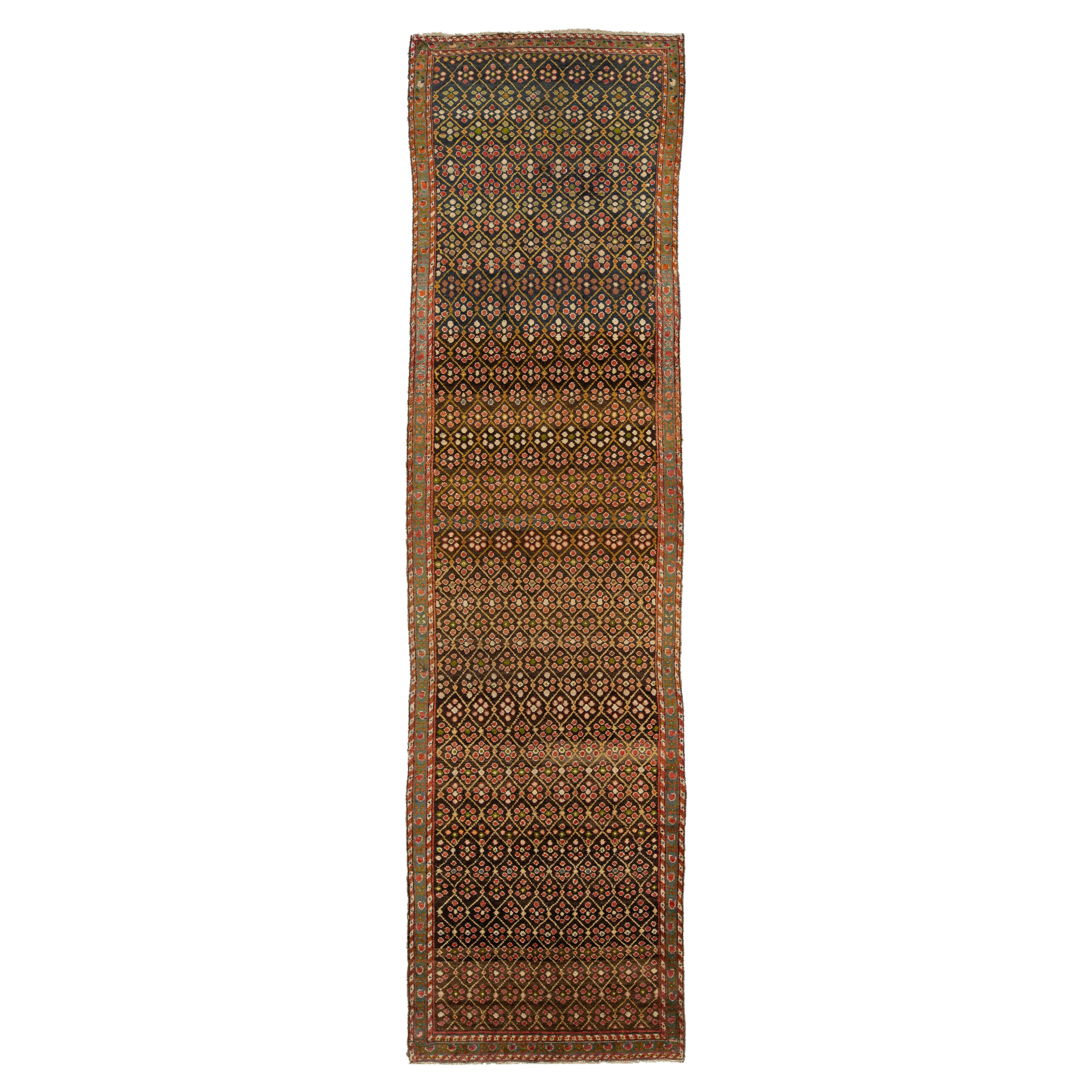 Antique Malayer Wool Runner Handmade In Brown With Floral Pattern