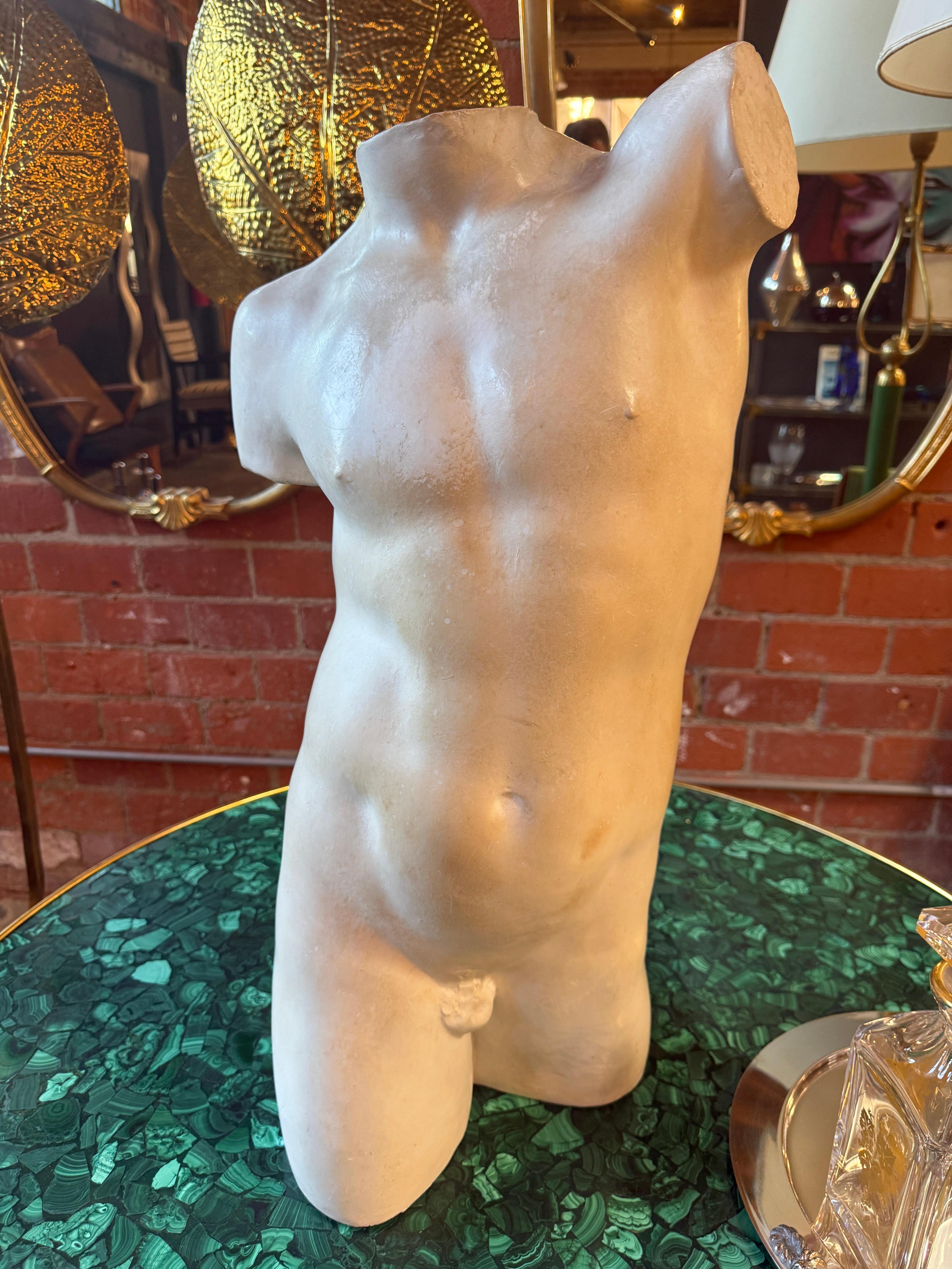 This plaster sculpture captures the classical male form in a headless, armless torso that echoes the refined beauty of ancient Greco-Roman statuary. Rendered with anatomical precision and balanced proportions, it celebrates the timeless elegance of
